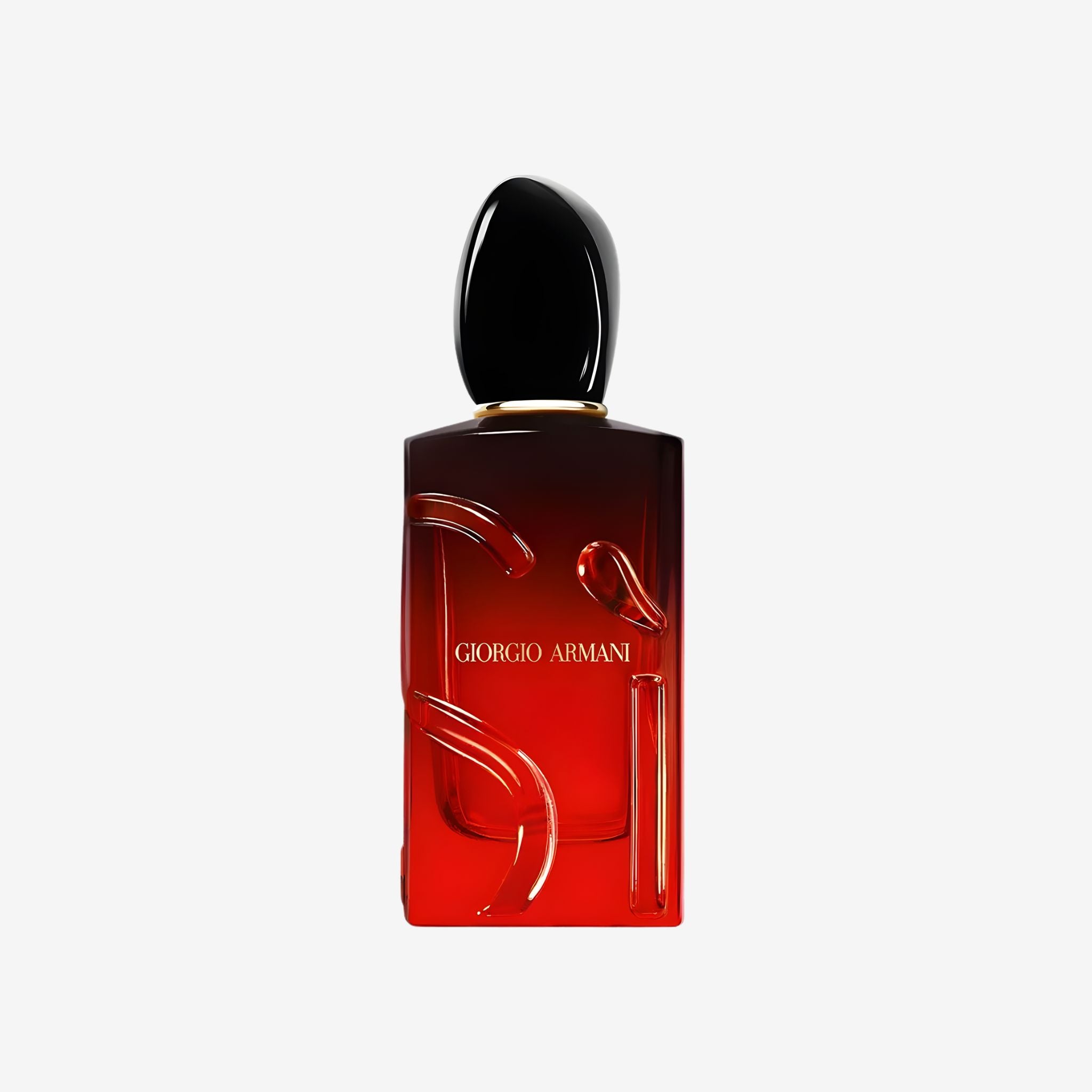 Armani Sí Passione Intense EDP perfume bottle on a light grey background with a clear view of the red glass design