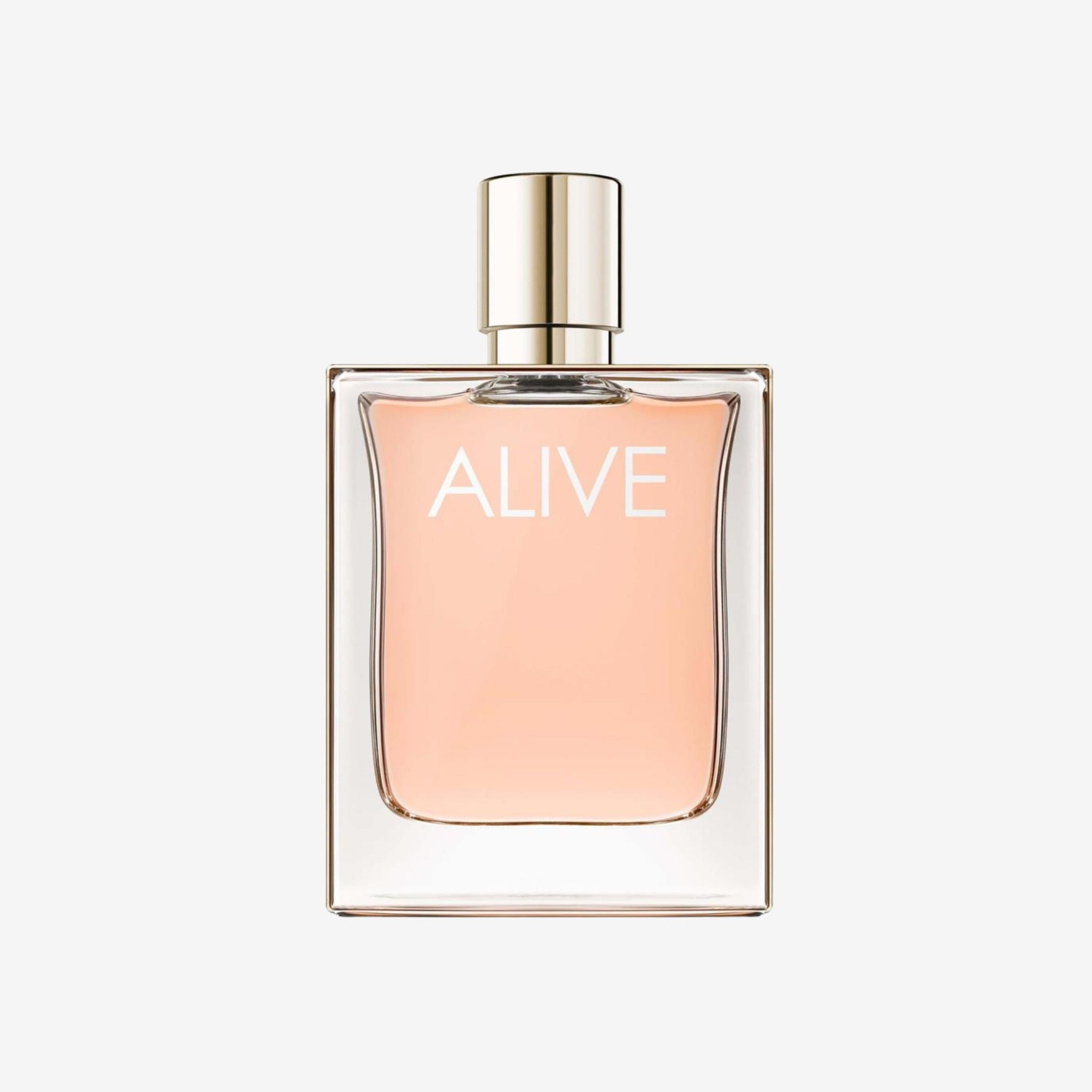 Close-up of Boss Alive Women EDP 80ml perfume bottle featuring sleek glass design with gold cap and elegant Hugo Boss branding.