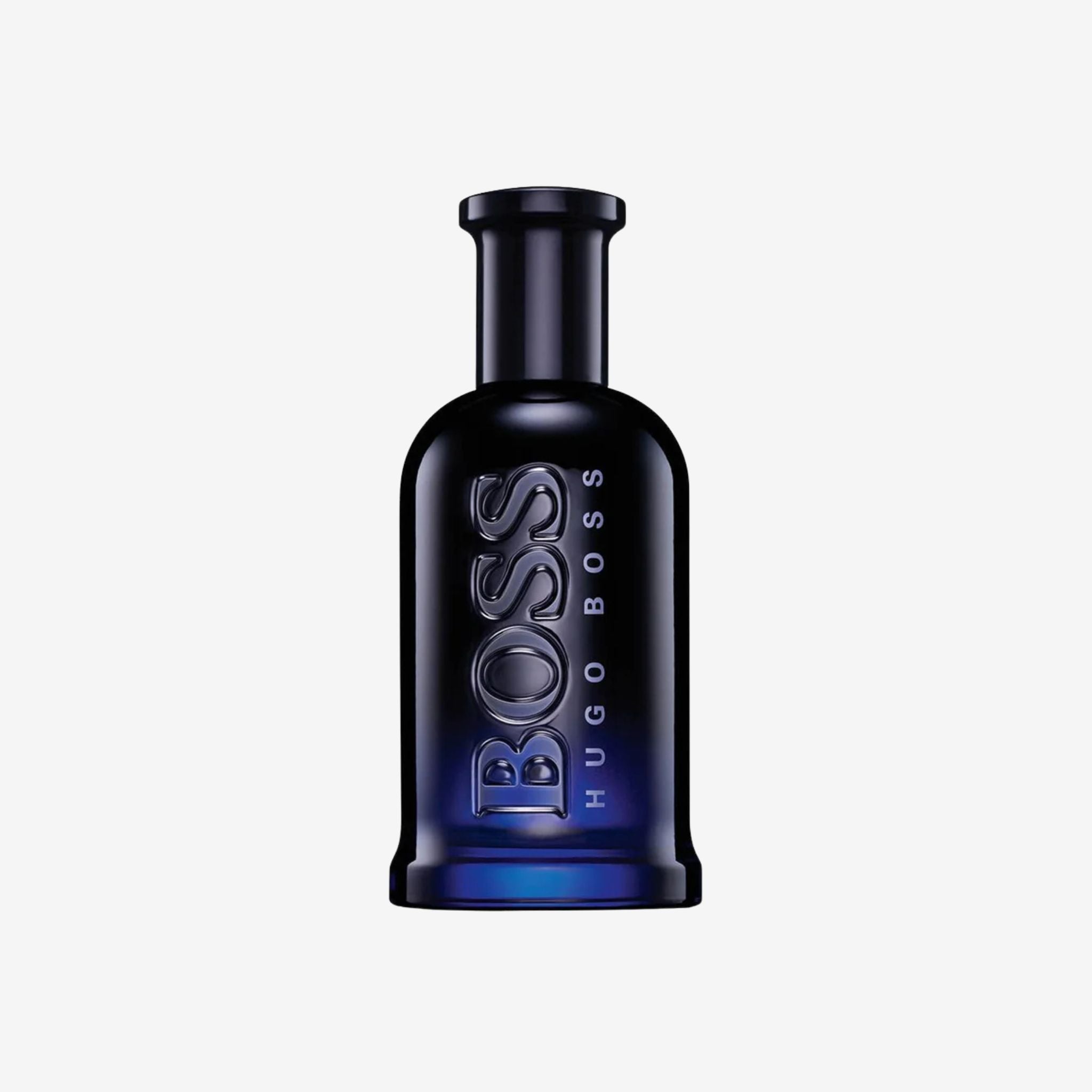 Close-up of Boss Bottled Night EDT bottle showcasing sleek dark glass design with Hugo Boss branding.