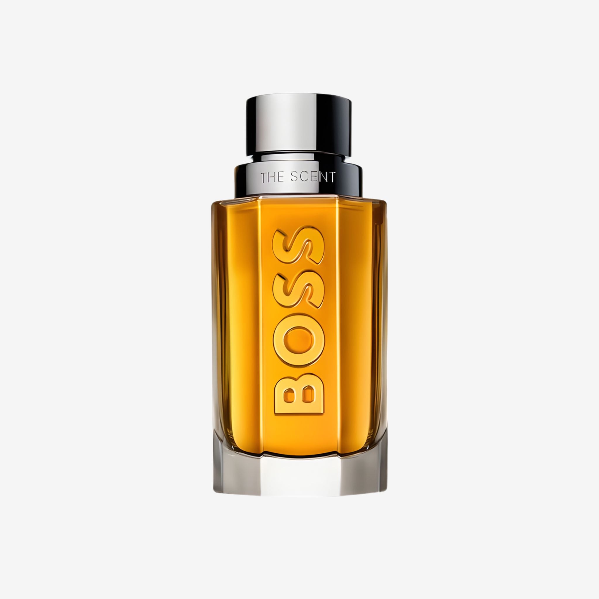 Close-up of Boss Bottled Scent EDT 100ml bottle highlighting its sleek glass design with Hugo Boss logo and contemporary style.