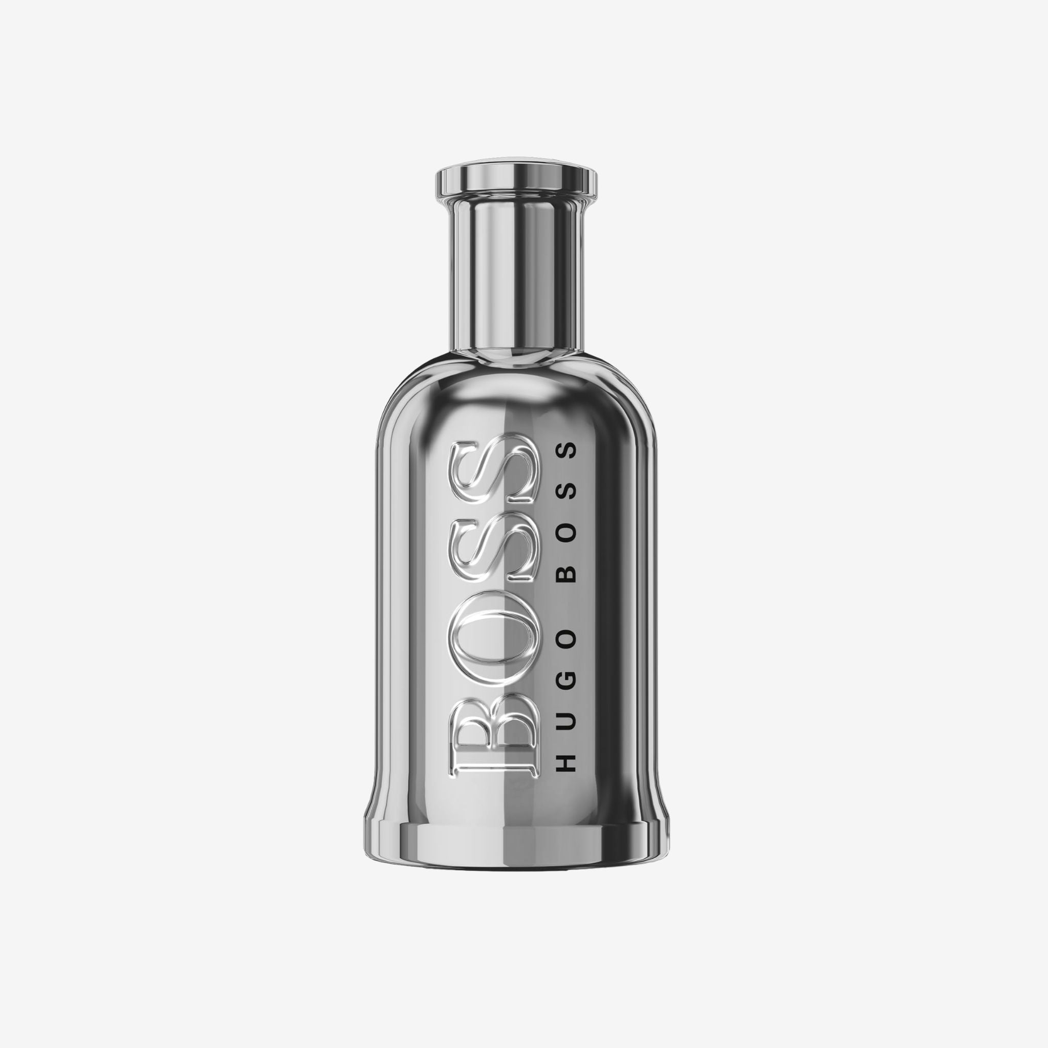 Close-up of Boss Bottled United EDT bottle showcasing sleek silver metallic design with embossed Hugo Boss branding.