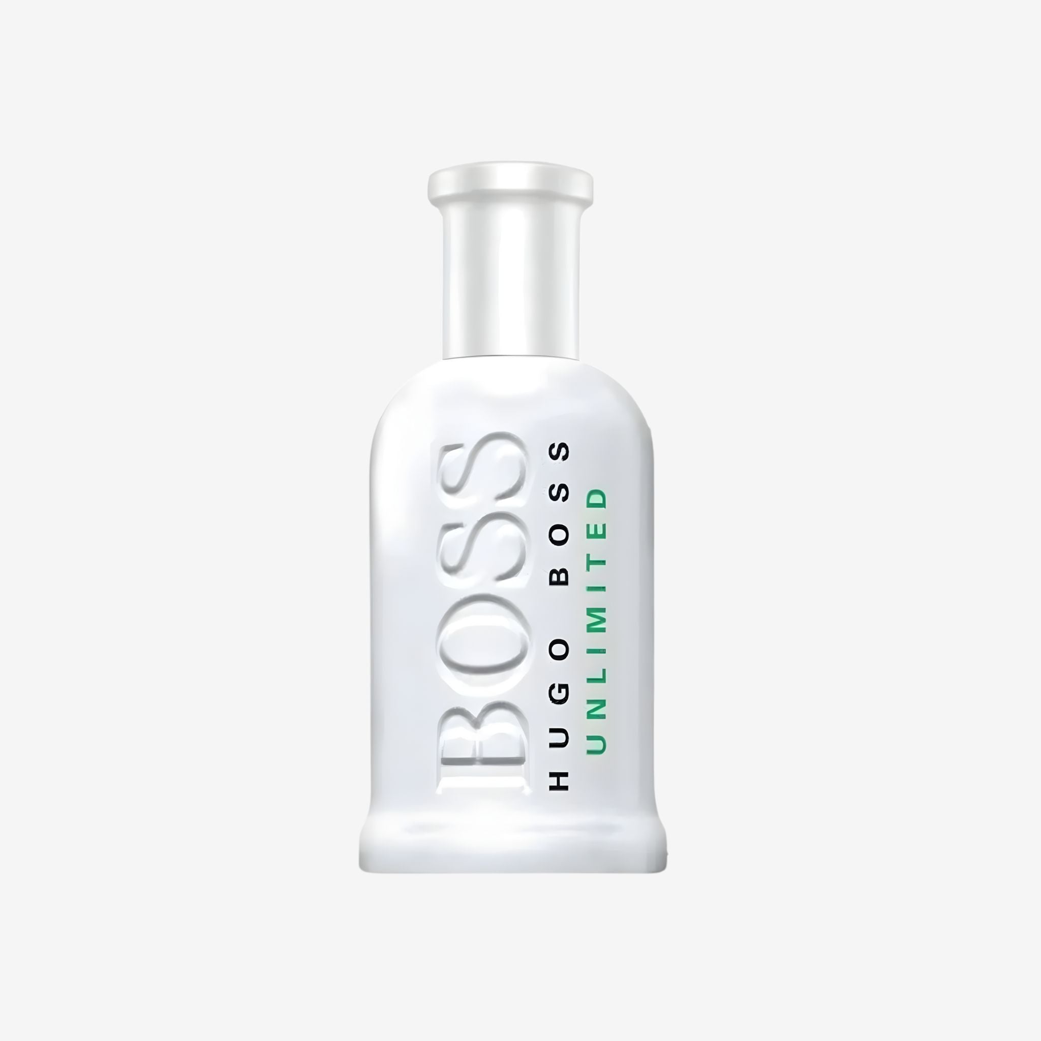 Close-up of Boss Bottled Unlimited EDT 100ml bottle featuring sleek glass design with silver cap and Hugo Boss branding.