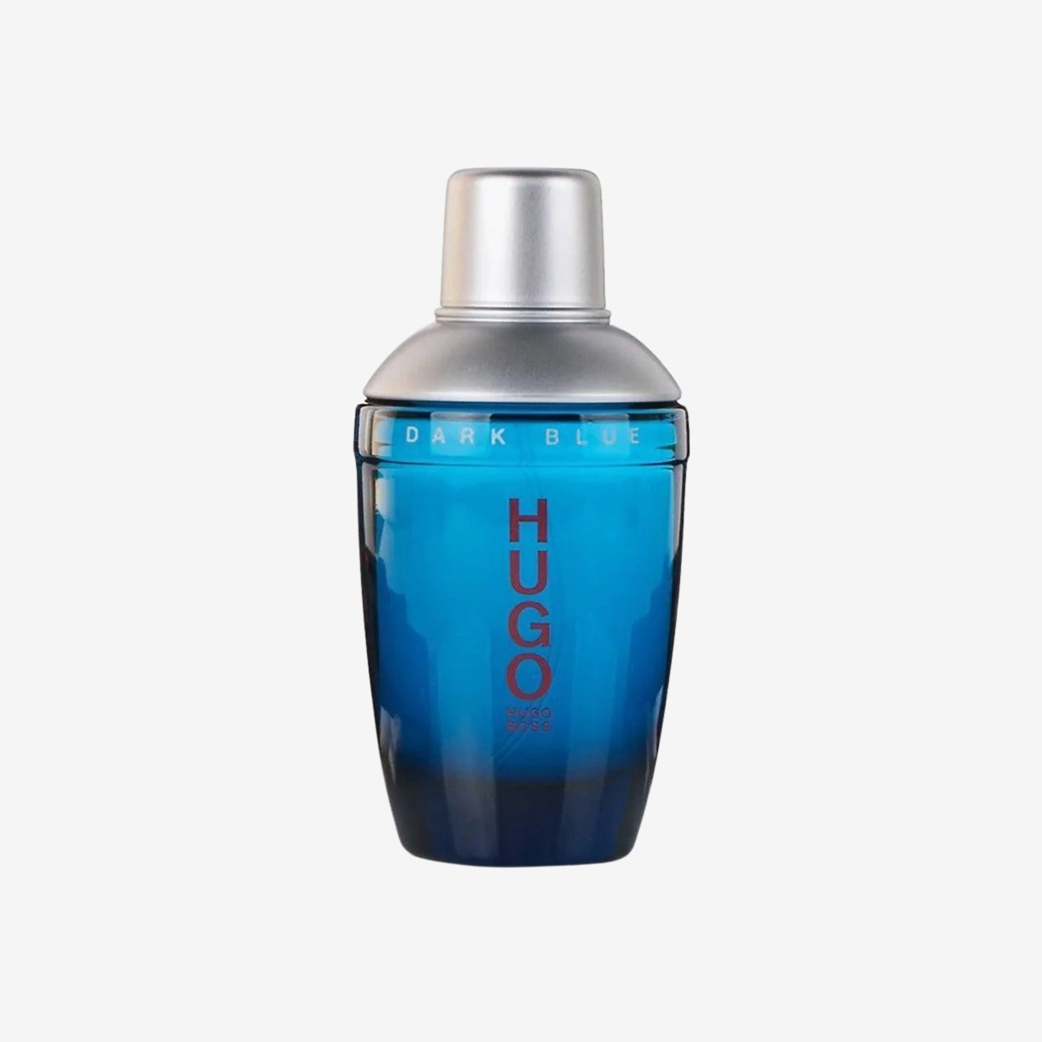 Close-up of Boss Dark Blue Men EDT 75ml bottle showcasing sleek dark blue glass design with Hugo Boss logo.