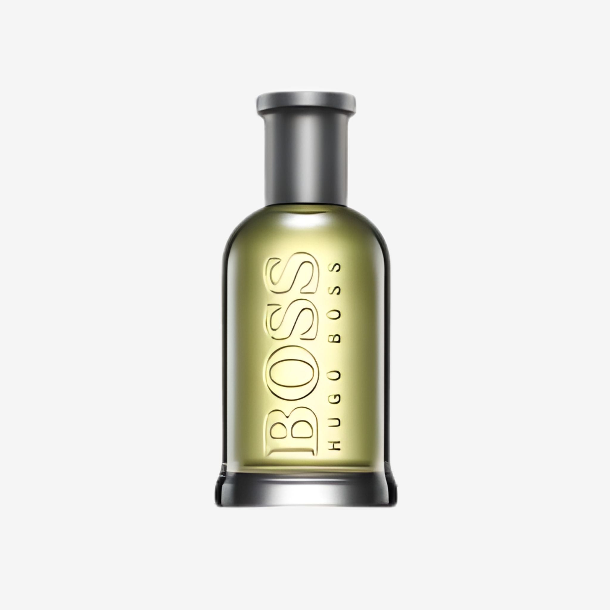 Close-up of Boss No.6 EDT perfume bottle showing its elegant glass design and signature Hugo Boss logo.