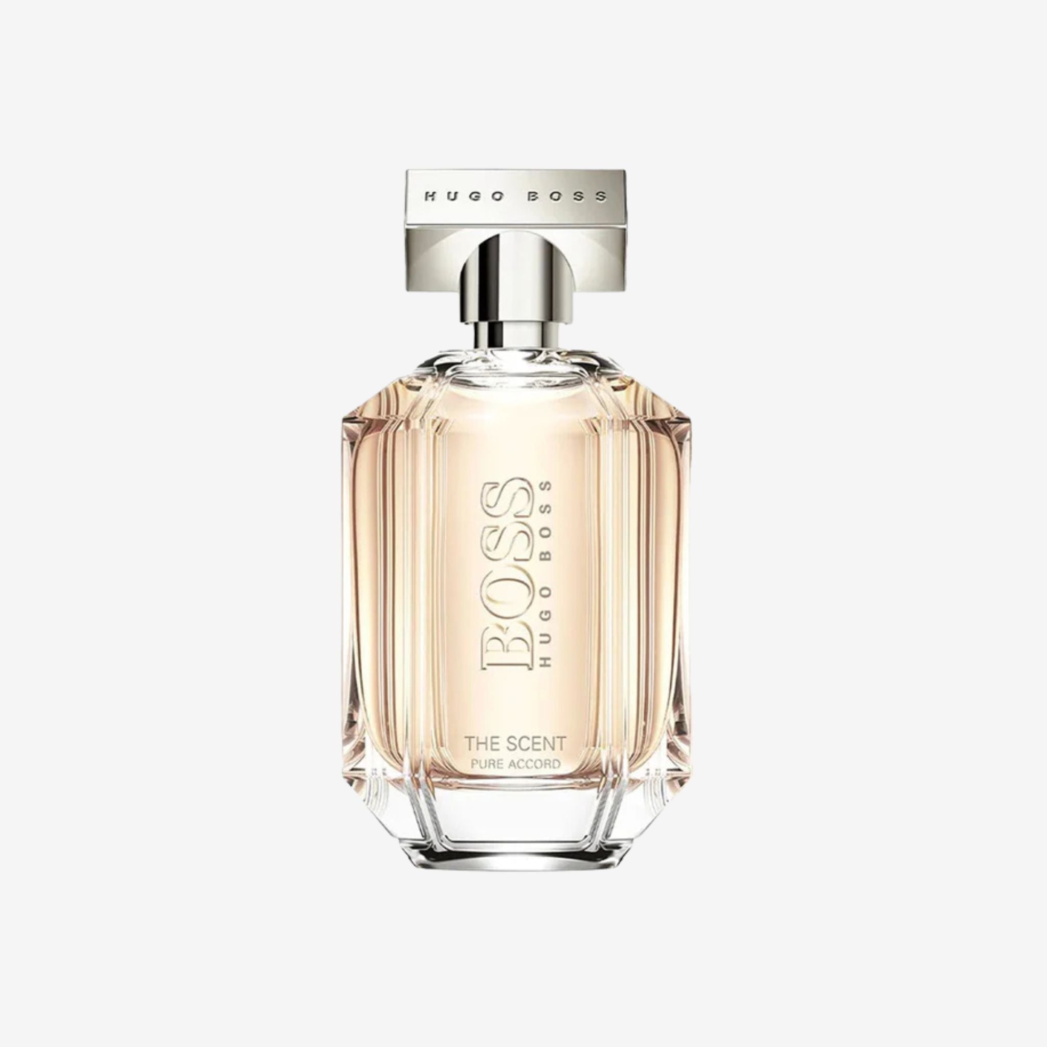 Close-up of Boss The Scent Pure Accord Women EDT 100ml bottle showing its elegant transparent design with rose-gold accents.