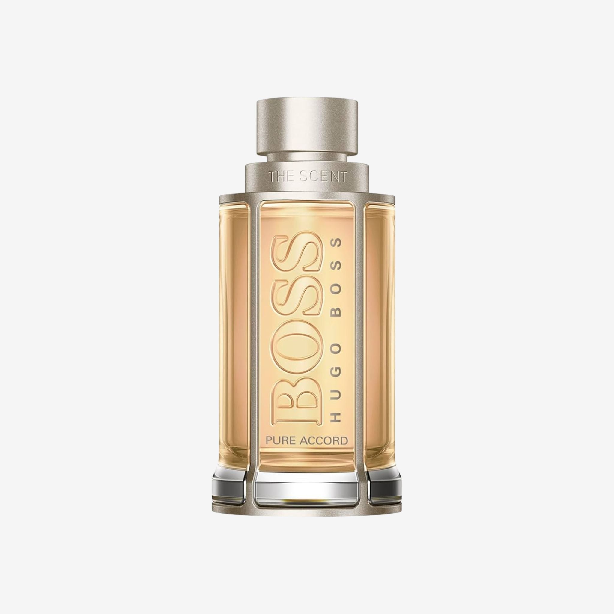 Close-up of Boss The Scent Pure Accord Men EDT 100ml bottle featuring elegant metallic design and Hugo Boss branding.