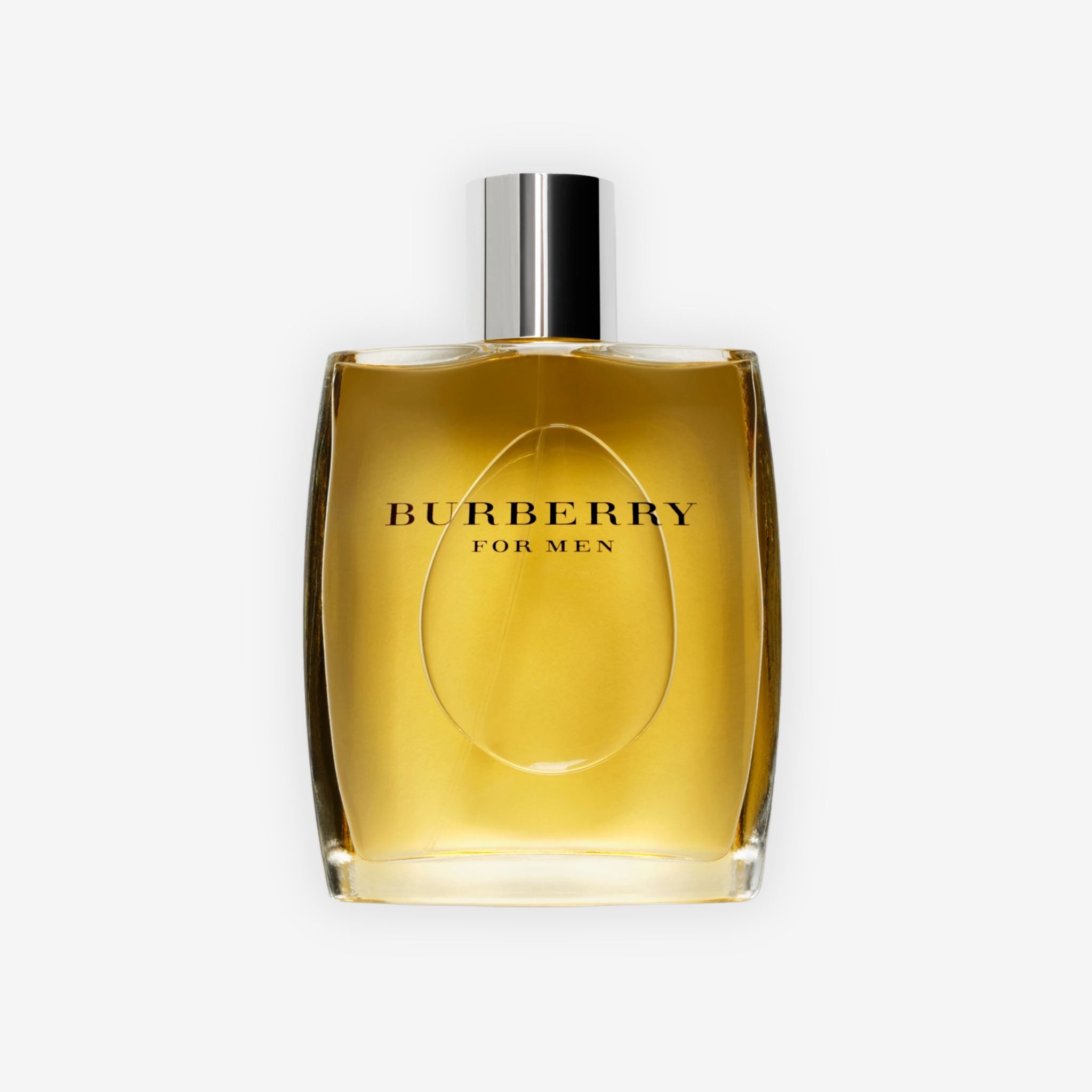 Front view of Burberry For Men EDT 100ml perfume bottle with classic transparent design and elegant packaging.