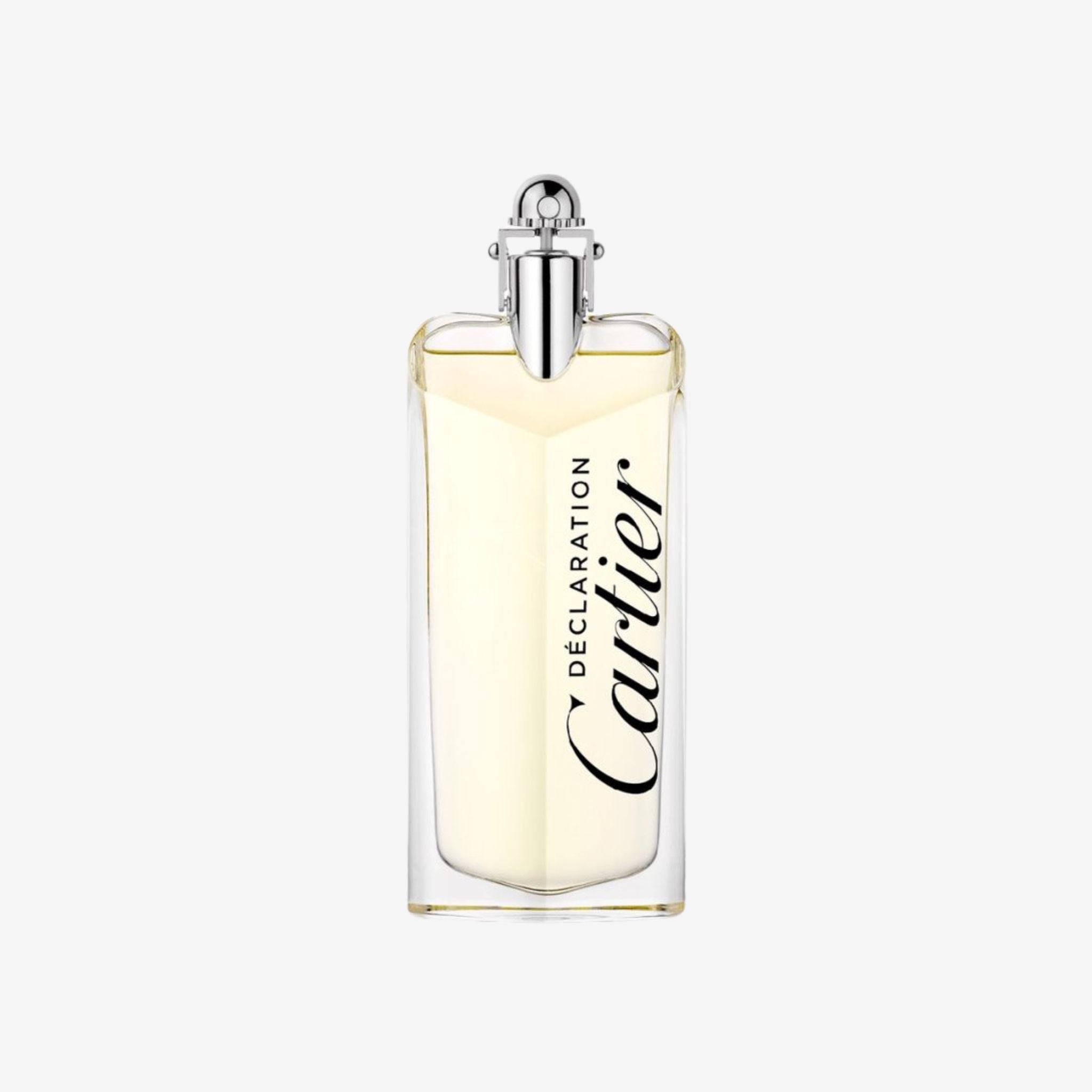 Cartier Déclaration Eau de Toilette 100ml clear bottle and cap, showcasing the classic luxury design, photographed against a neutral grey background. Buy the iconic fresh, spicy scent for men.