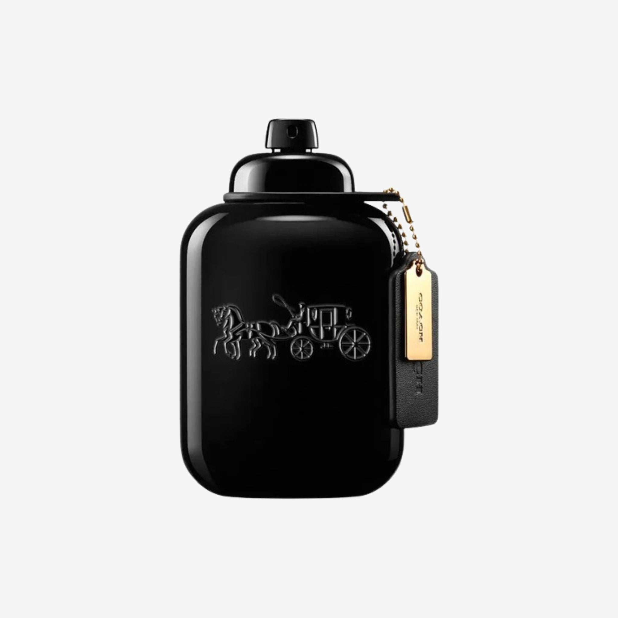 coach for men EDP Black Bottle of perfume with gold accent on a white background
