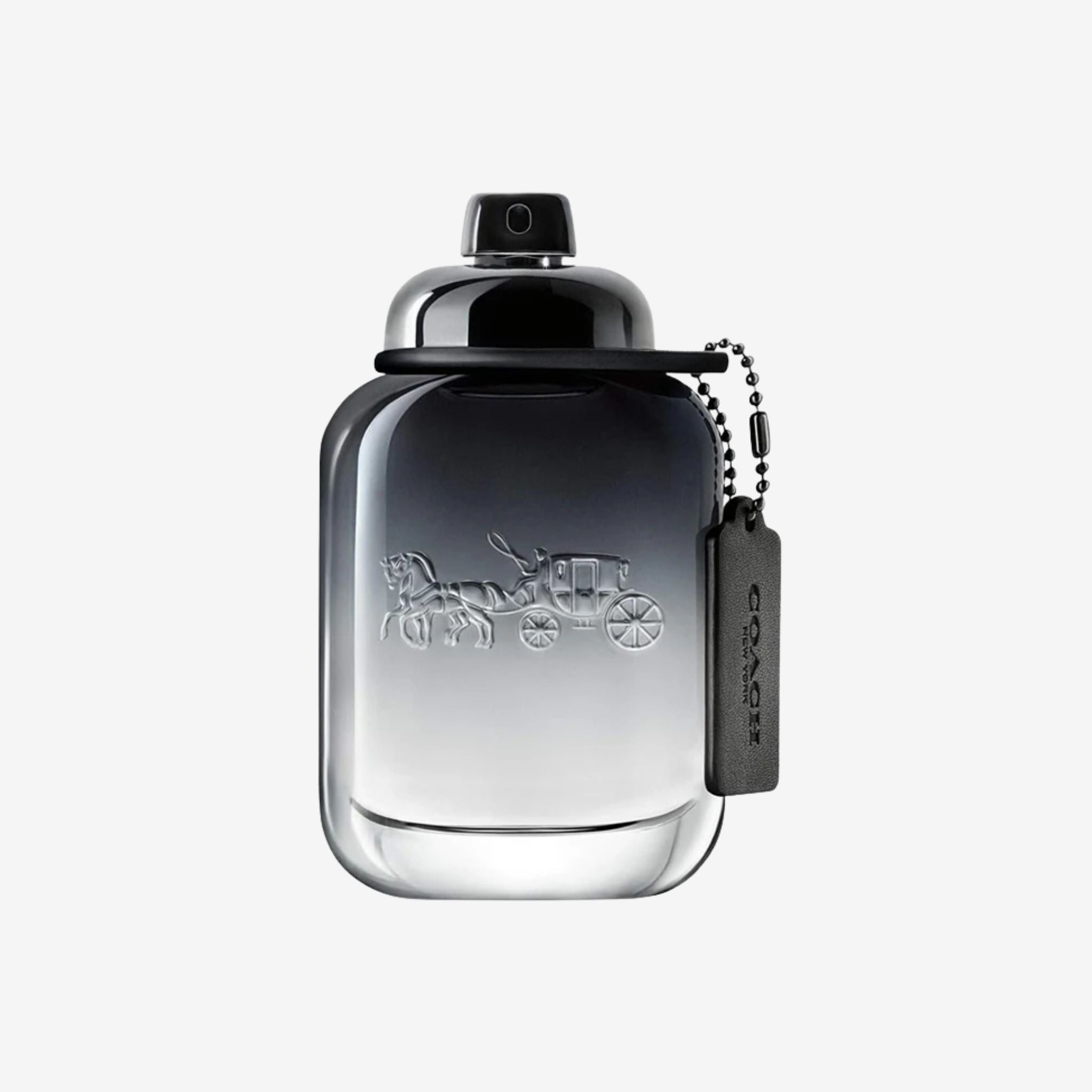 Coach New York for Men EDt perfume bottle on a light grey background showcasing its grey bottle with signature Coach carriage logo.