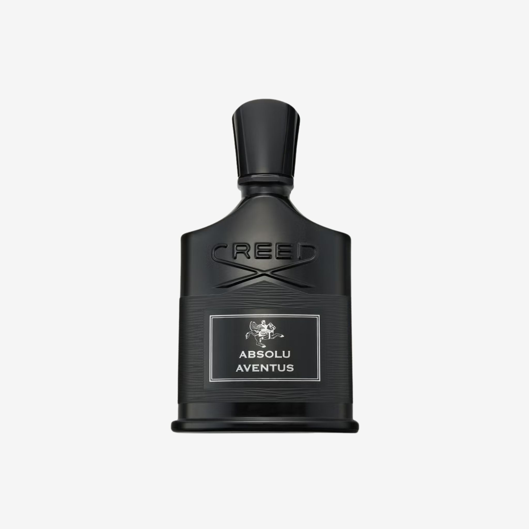 Close-up of Creed Absolu Aventus EDP bottle showcasing elegant black and silver detailing with premium Creed craftsmanship.