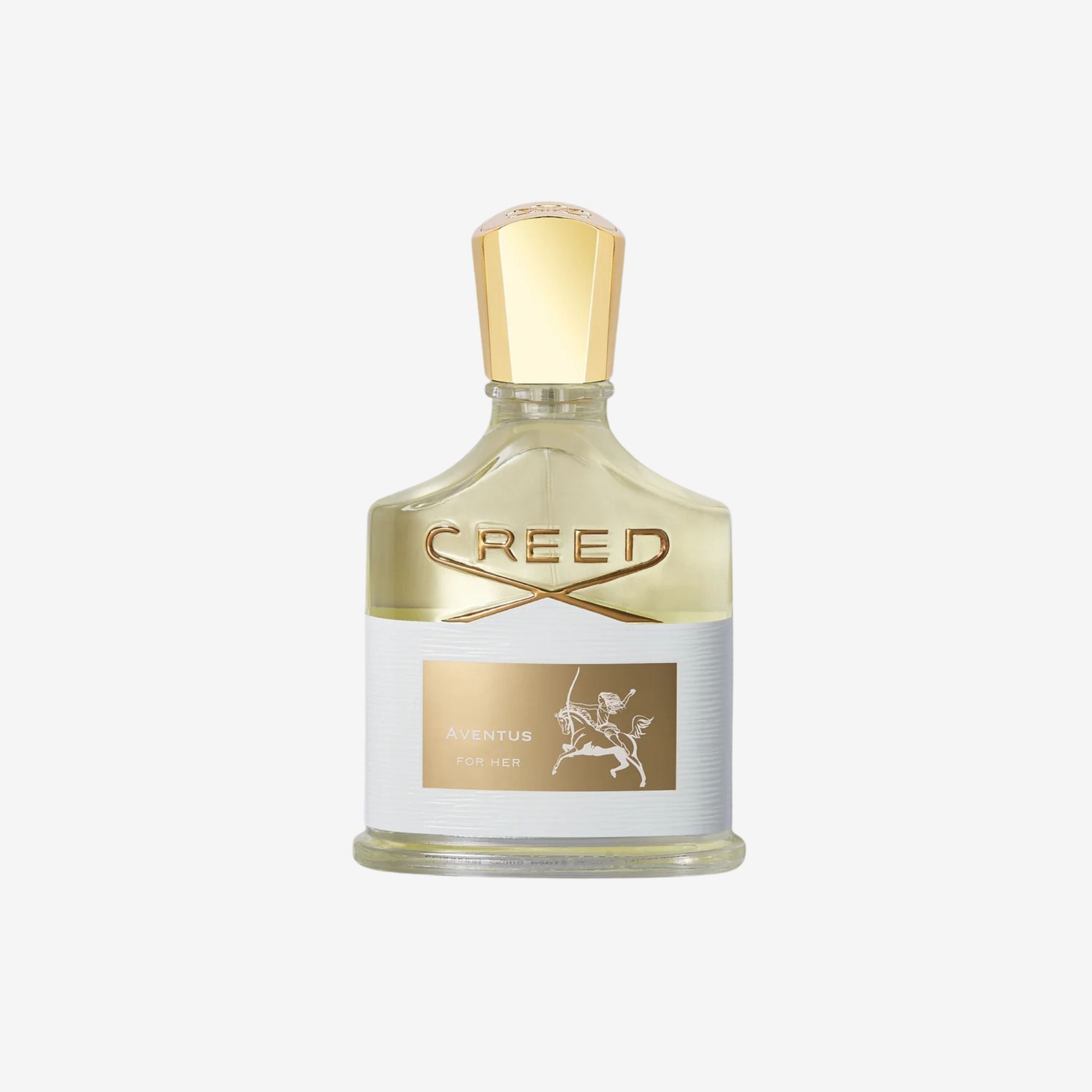 Close-up of Creed Aventus for Her EDP 75ml perfume bottle highlighting its sleek glass and gold-accented cap.