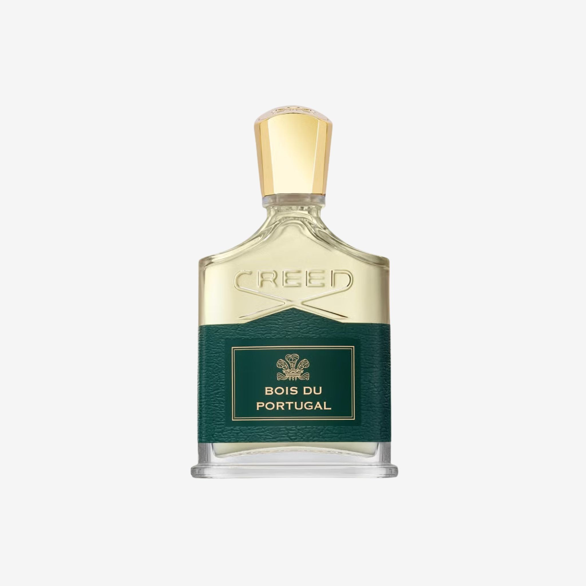 Close-up of Creed Bois du Portugal bottle showing elegant detailing and premium Creed design.