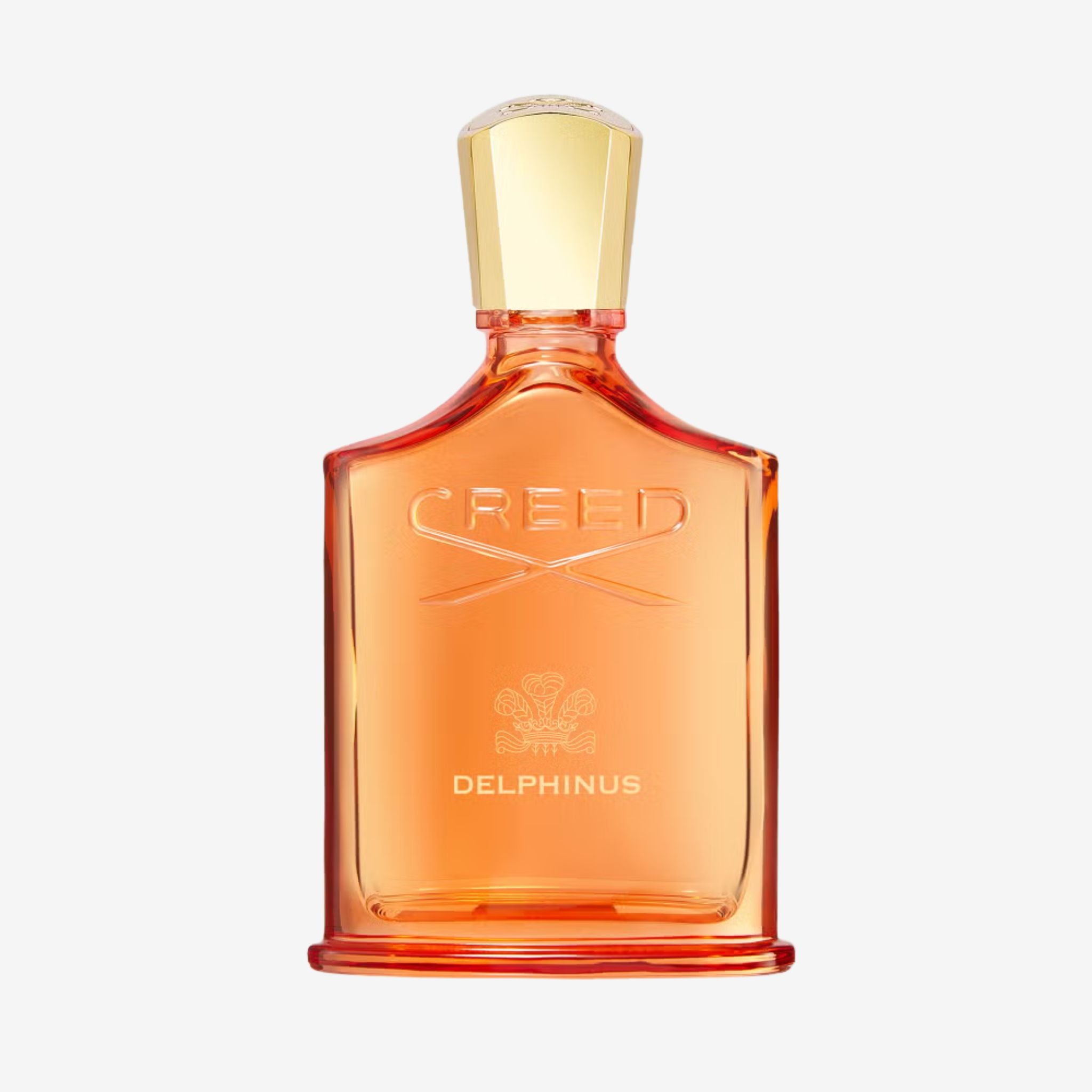 Close-up of Creed Delphinus EDP 100ml perfume bottle highlighting its translucent glass and premium design details.