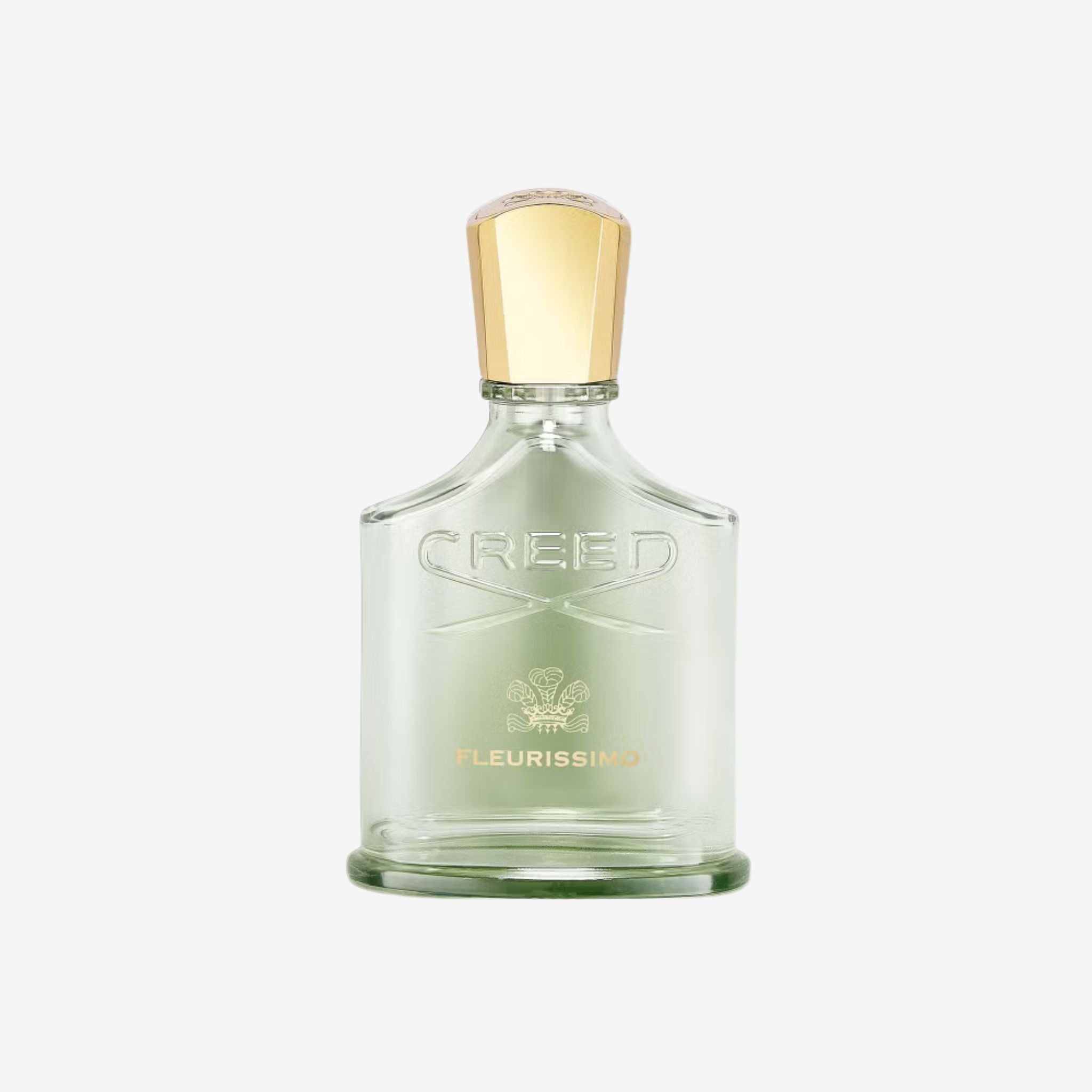 Close-up of Creed Fleurissimo EDP 75ml perfume bottle highlighting its elegant glass design and gold detailing.
