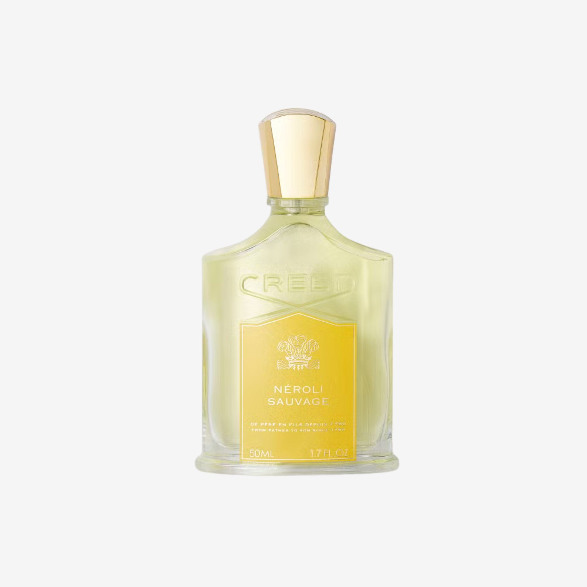 Close-up of Creed Neroli Sauvage EDP 100ml perfume bottle highlighting its elegant transparent design and gold detailing.
