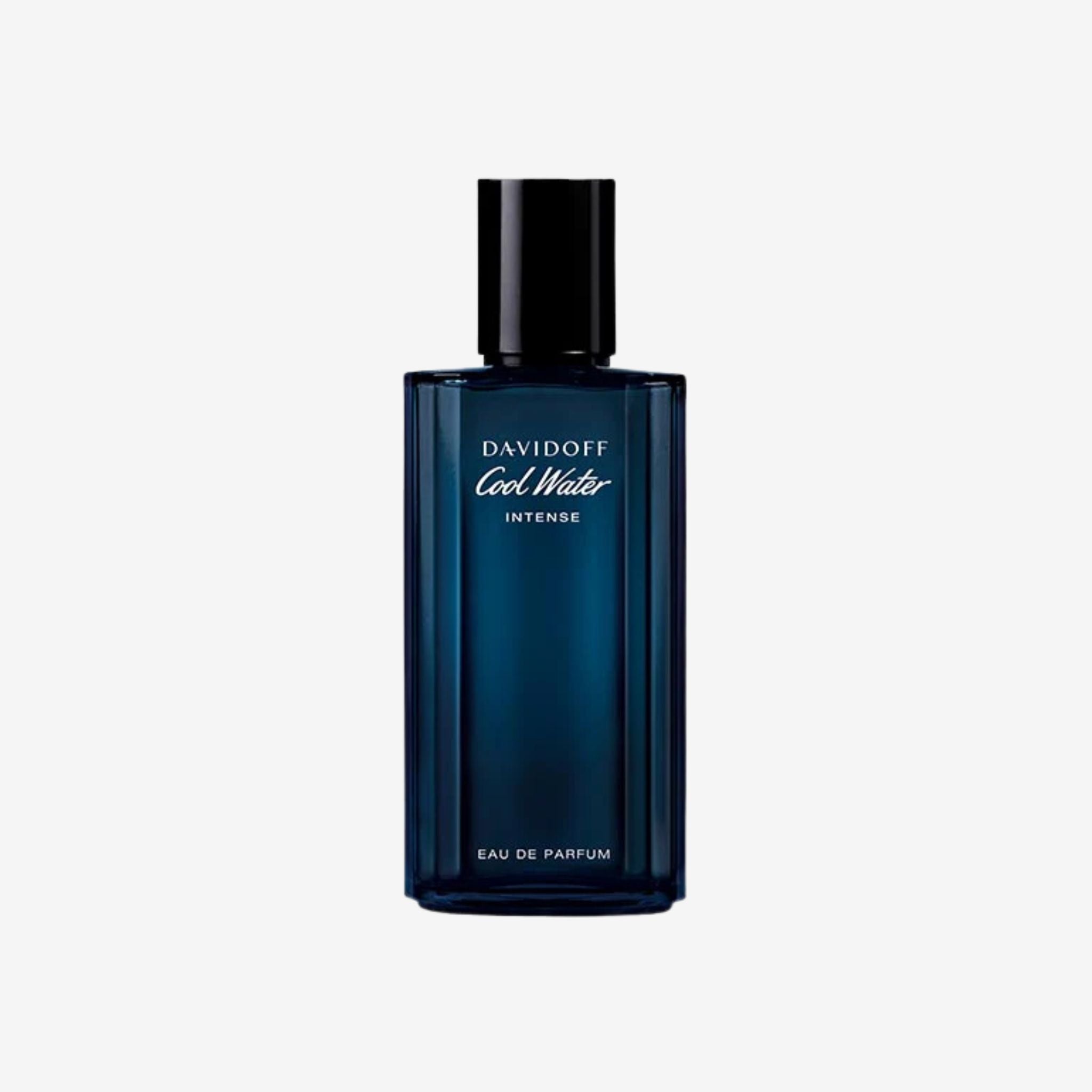 Davidoff Cool Water Intense EDT 100ml perfume bottle on a light grey background showcasing its sleek blue bottle and fresh masculine design