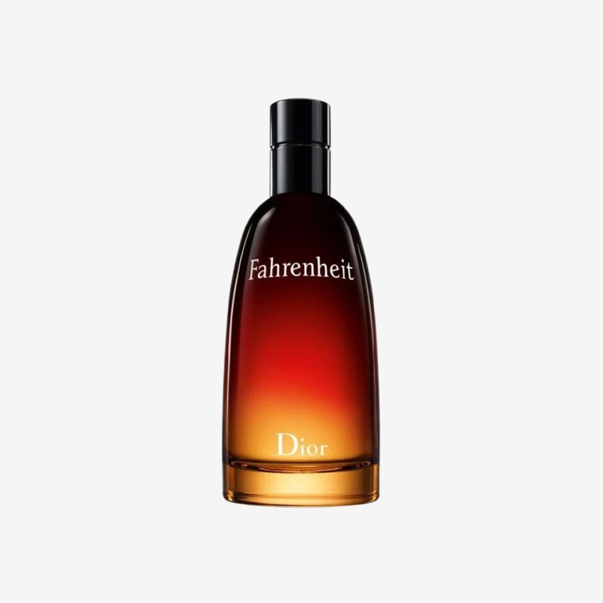 Dior Fahrenheit EDT 100ml perfume bottle on a light grey background showcasing its signature red-to-clear gradient and masculine design.