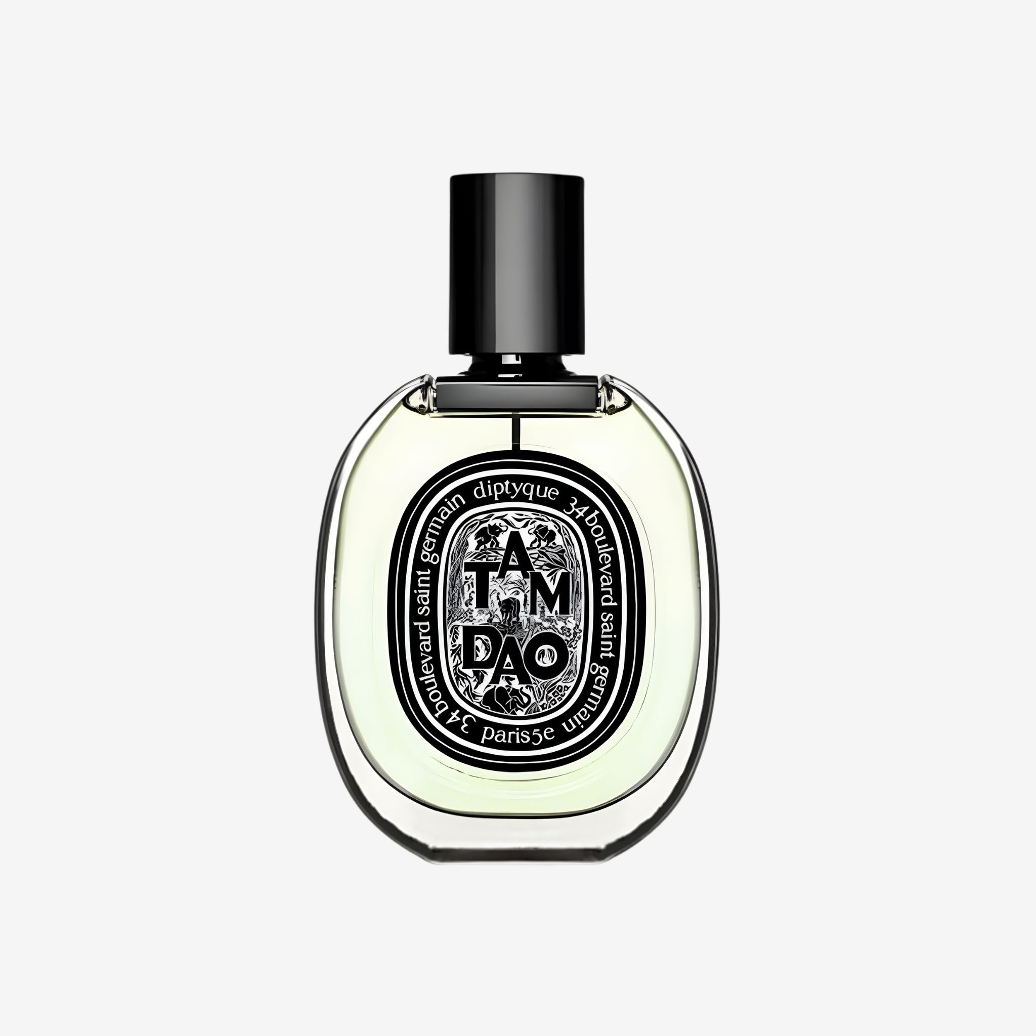 Close-up of Diptyque Tam Dao EDP bottle showing its signature oval label and minimalist artisan design.