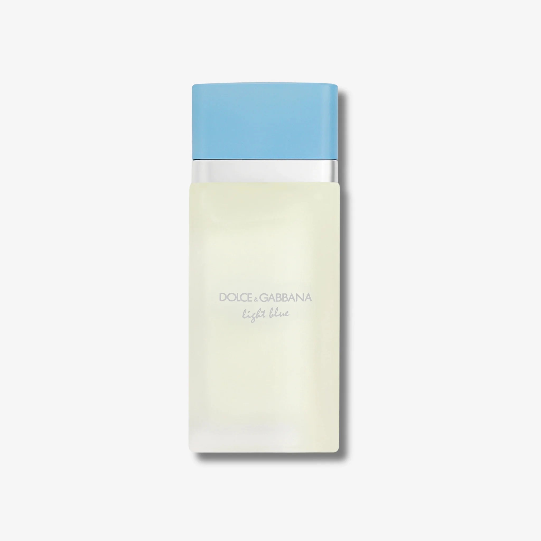 Dolce & Gabbana perfume bottle with light blue cap on a white background