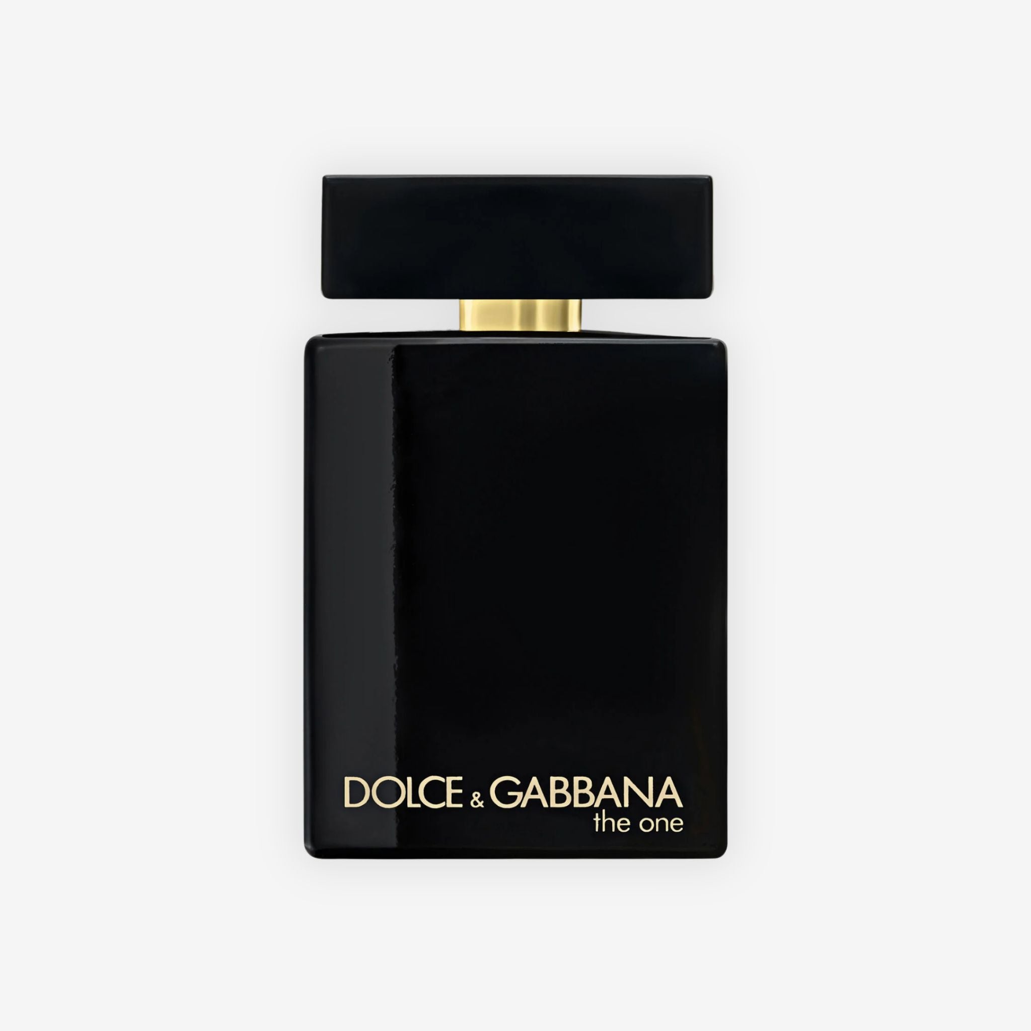 Front view of Dolce & Gabbana The One EDP Intense for Men perfume bottle showcasing sleek dark design and elegant packaging.