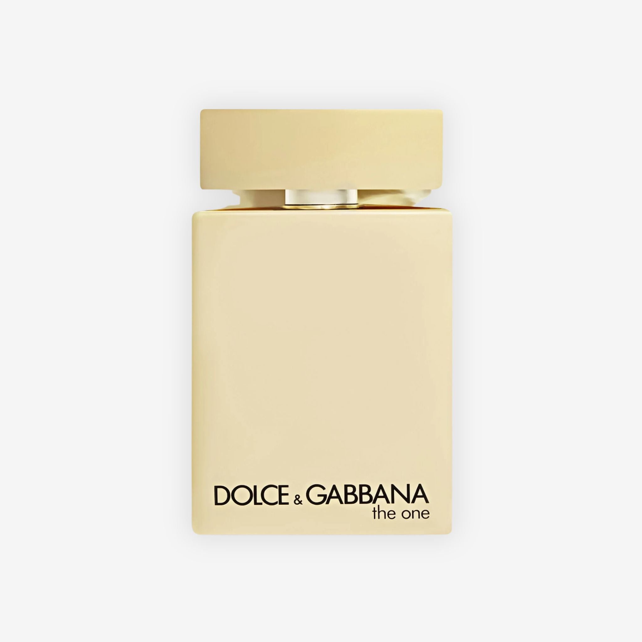 Front view of Dolce & Gabbana The One Gold Intense for Men perfume bottle showing sleek golden design.