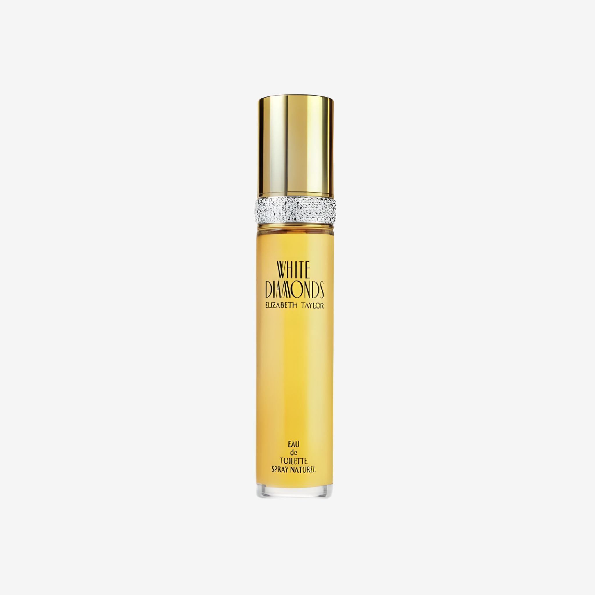 Elizabeth Taylor White Diamonds EDT Perfume bottle with gold cap and yellow body on a white background