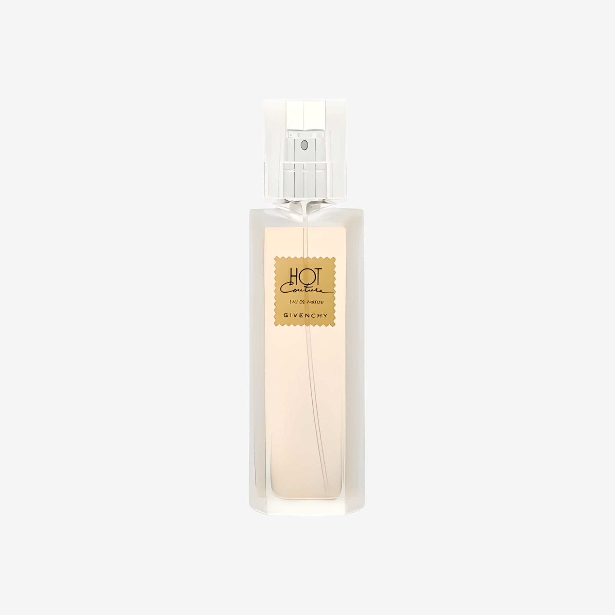 Givenchy Hot Couture EDP perfume bottle on a light grey background showcasing its stylish black bottle with pink accents and luxurious design.