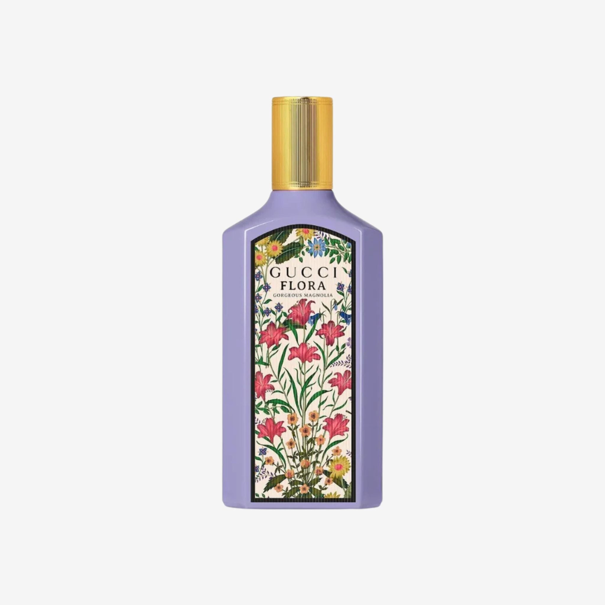 Gucci Flora Gorgeous Magnolia Eau de Parfum 100ml. A sweet, romantic floral fragrance for women, featuring notes of Magnolia, Dewberries, and Patchouli. The beautiful purple bottle is available for purchase online.