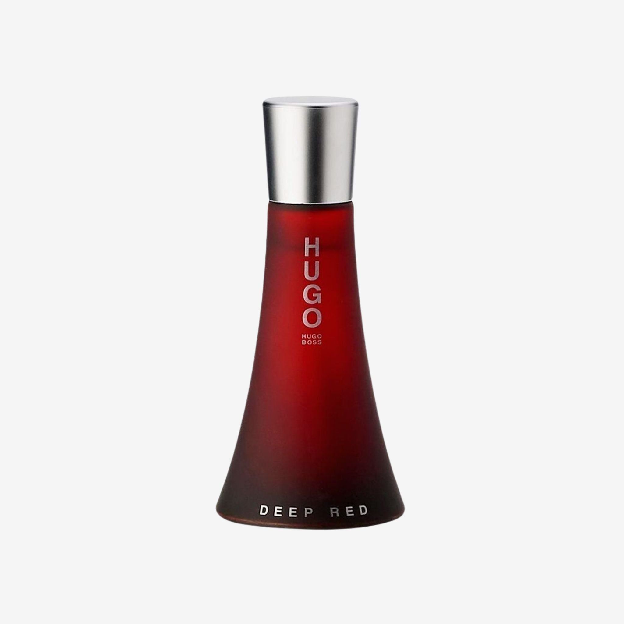 Close-up of Hugo Boss Deep Red EDP perfume bottle showcasing its sleek red design and modern feminine style.