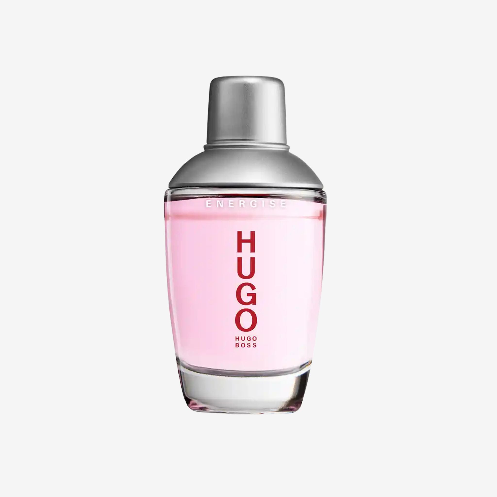 Close-up of Hugo Boss Energise EDT 75ml bottle highlighting its sleek transparent design with red Hugo logo.