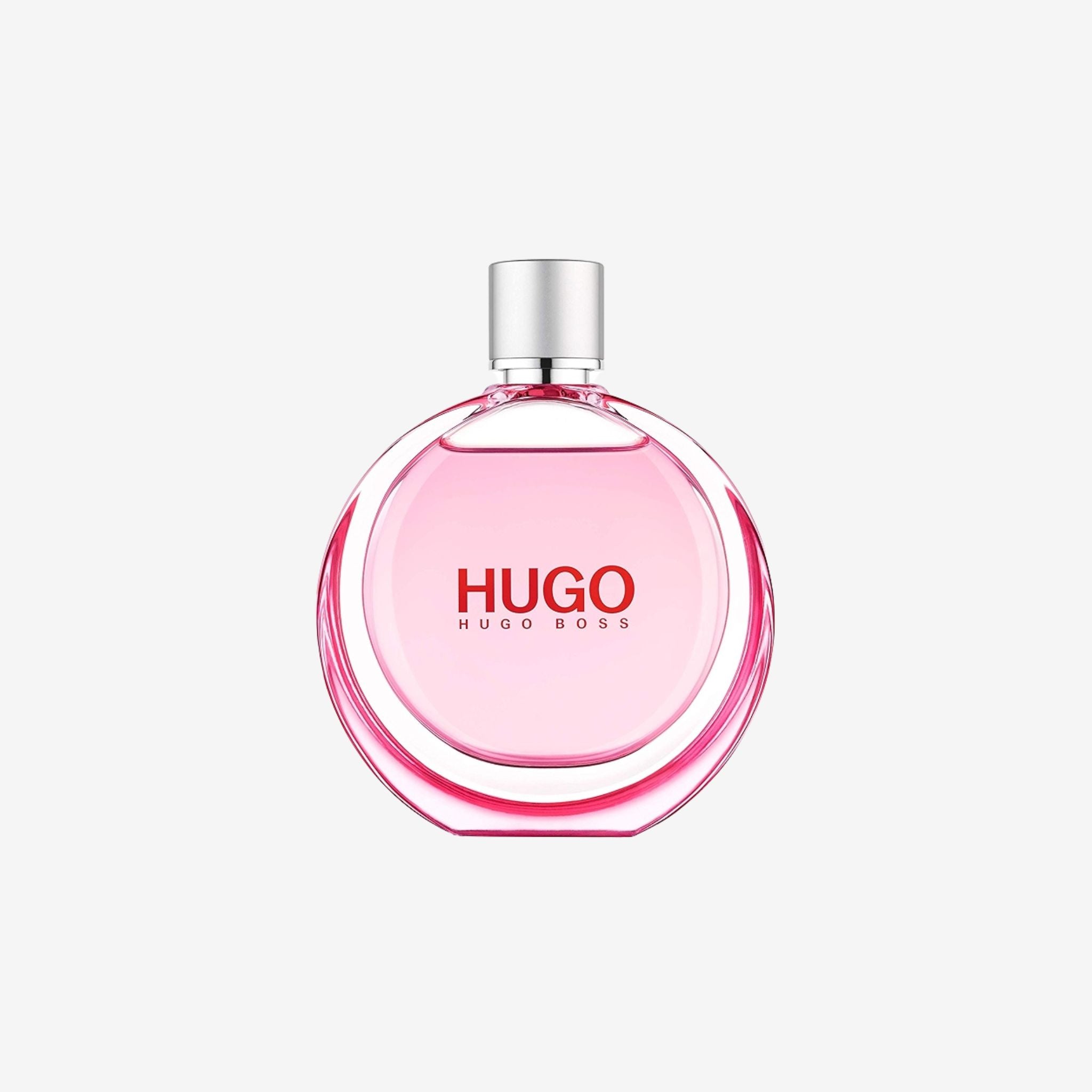 Close-up of Hugo Boss Extreme EDP 75ml bottle highlighting its sleek round design with feminine pink hue and silver cap.