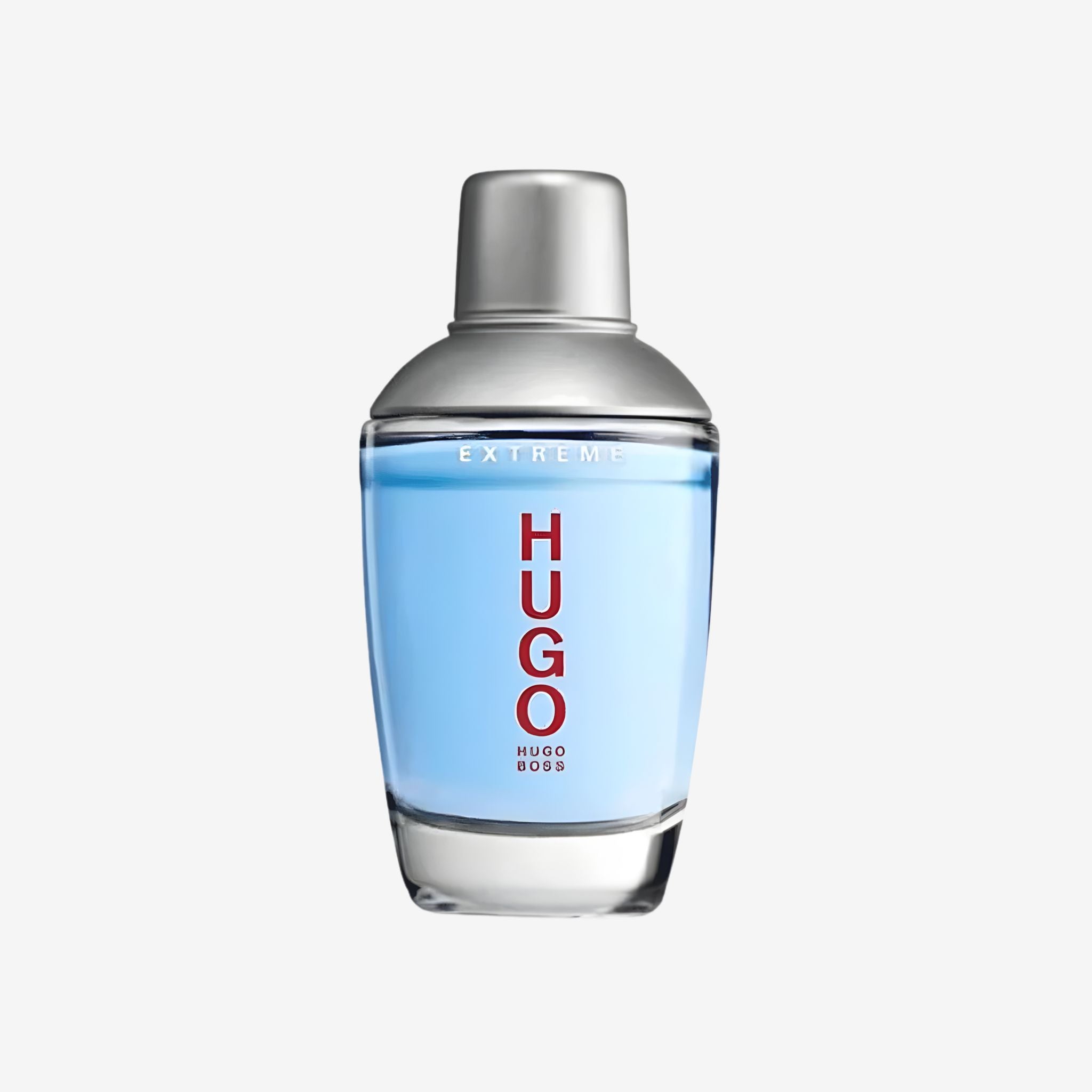 Close-up of Hugo Boss Extreme EDT bottle featuring its signature flask-style transparent design with red logo accent.