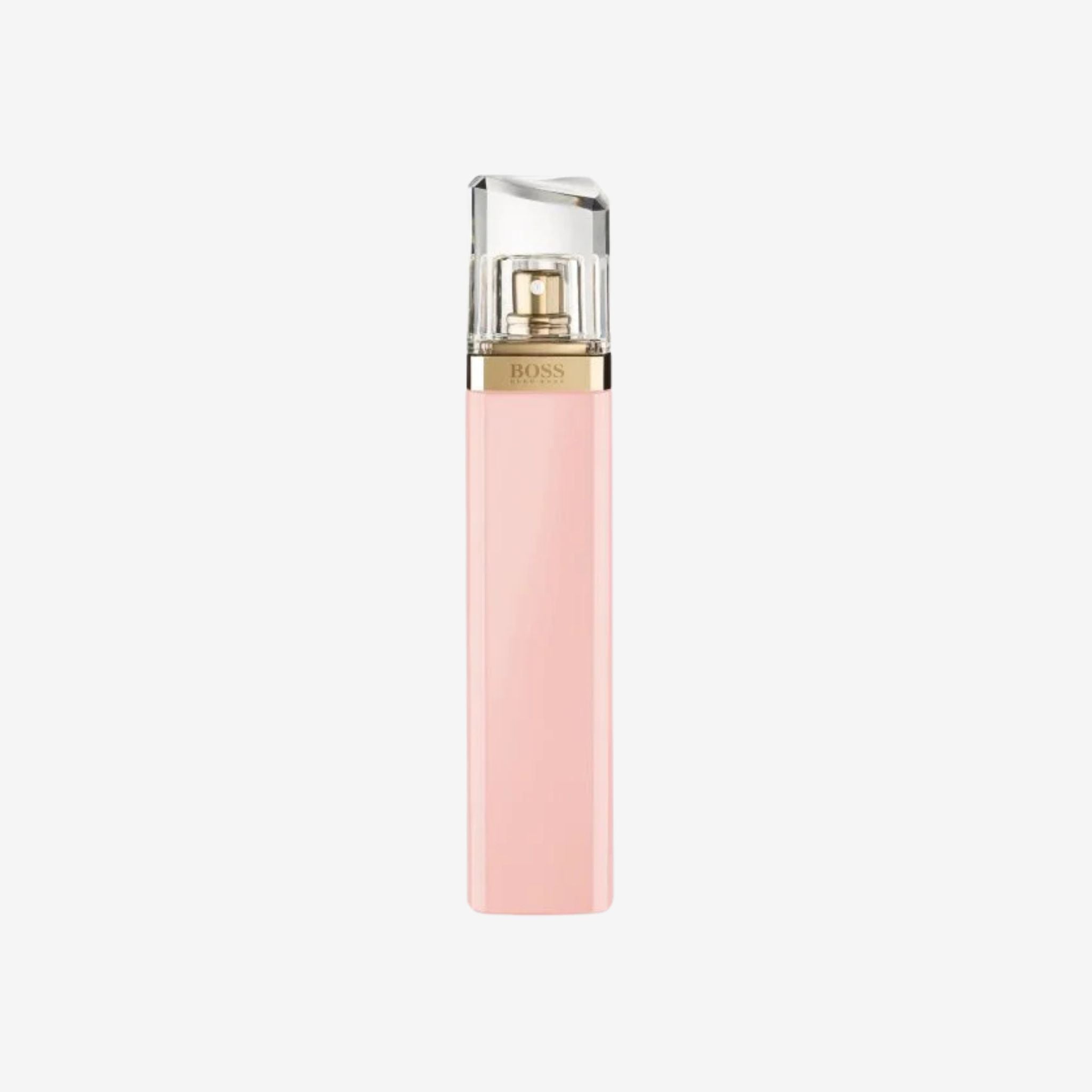 Close-up of Hugo Boss Ma Vie EDP perfume bottle highlighting its sleek, transparent design with elegant floral-inspired detailing.