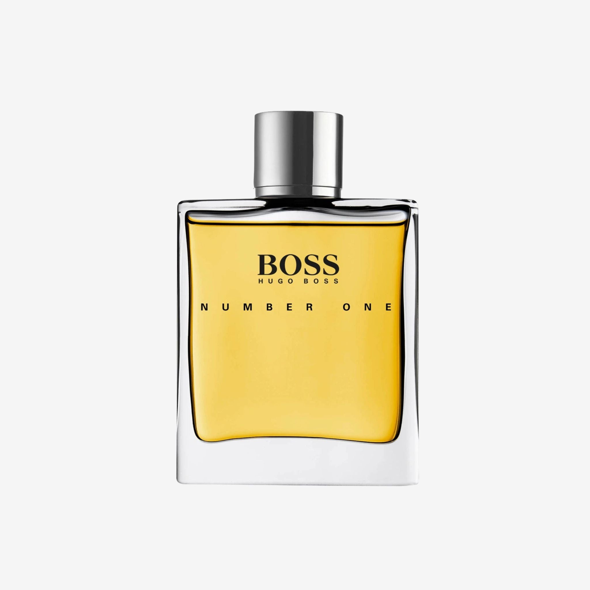 Close-up of Hugo Boss No.1 EDT bottle highlighting its sleek, minimalist design and premium Hugo Boss branding.