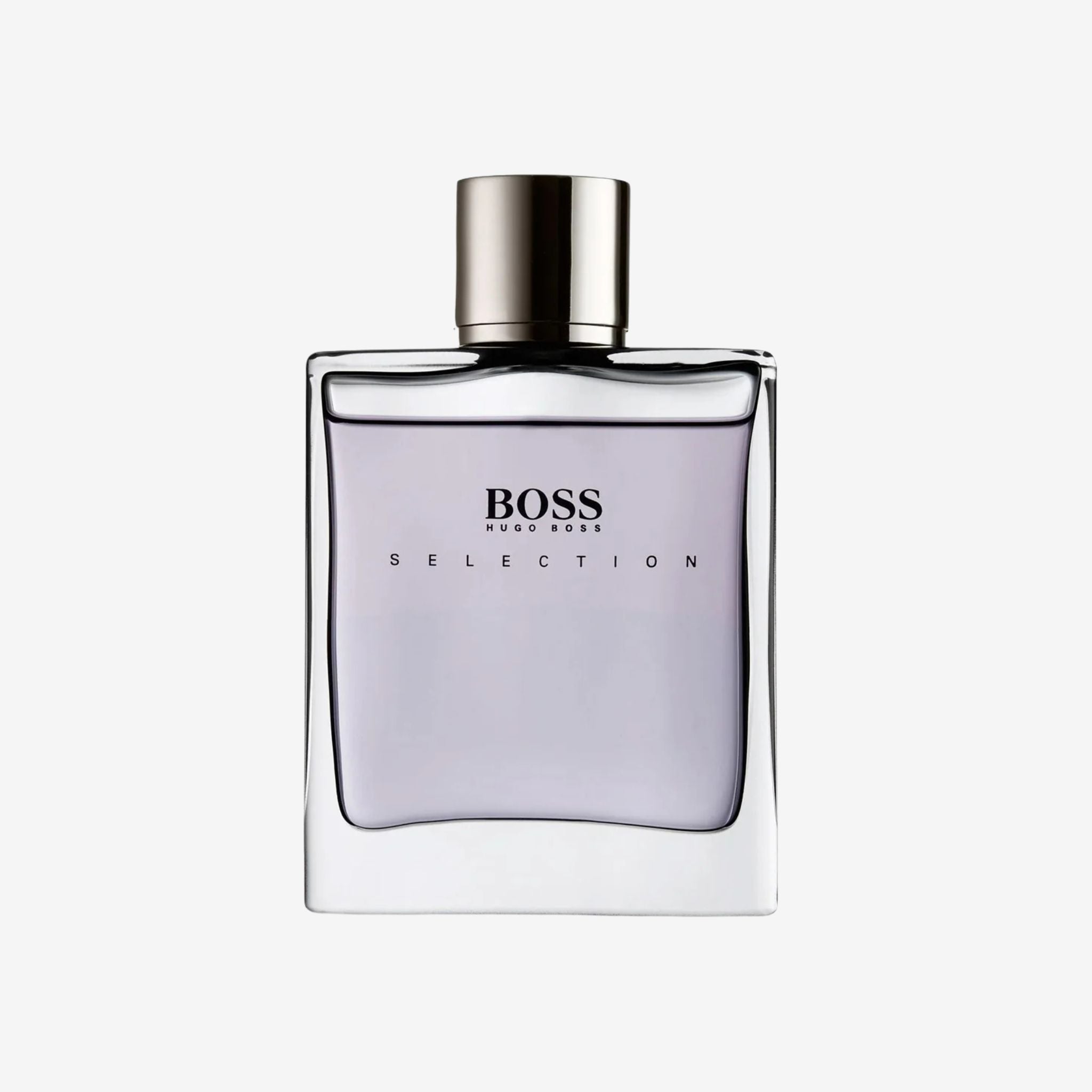 Close-up of Hugo Boss Selection Men EDT 100ml bottle highlighting its elegant glass design with Hugo Boss branding.