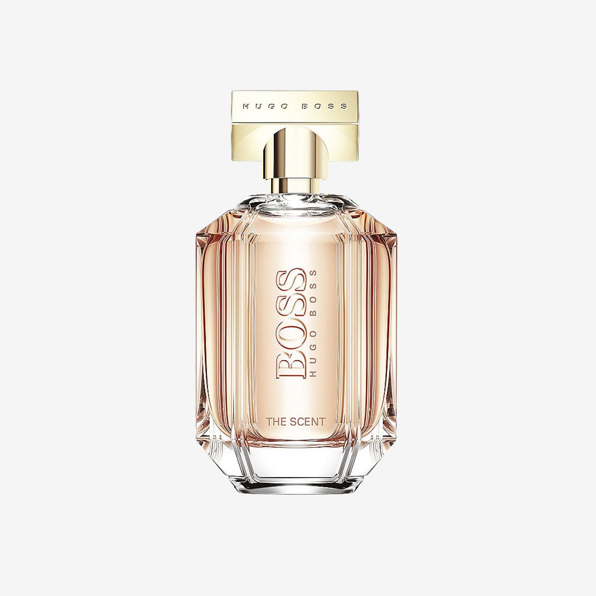 Close-up of Hugo Boss The Scent Women EDT 100ml bottle showing its refined glass design with rose-gold cap and feminine elegance.