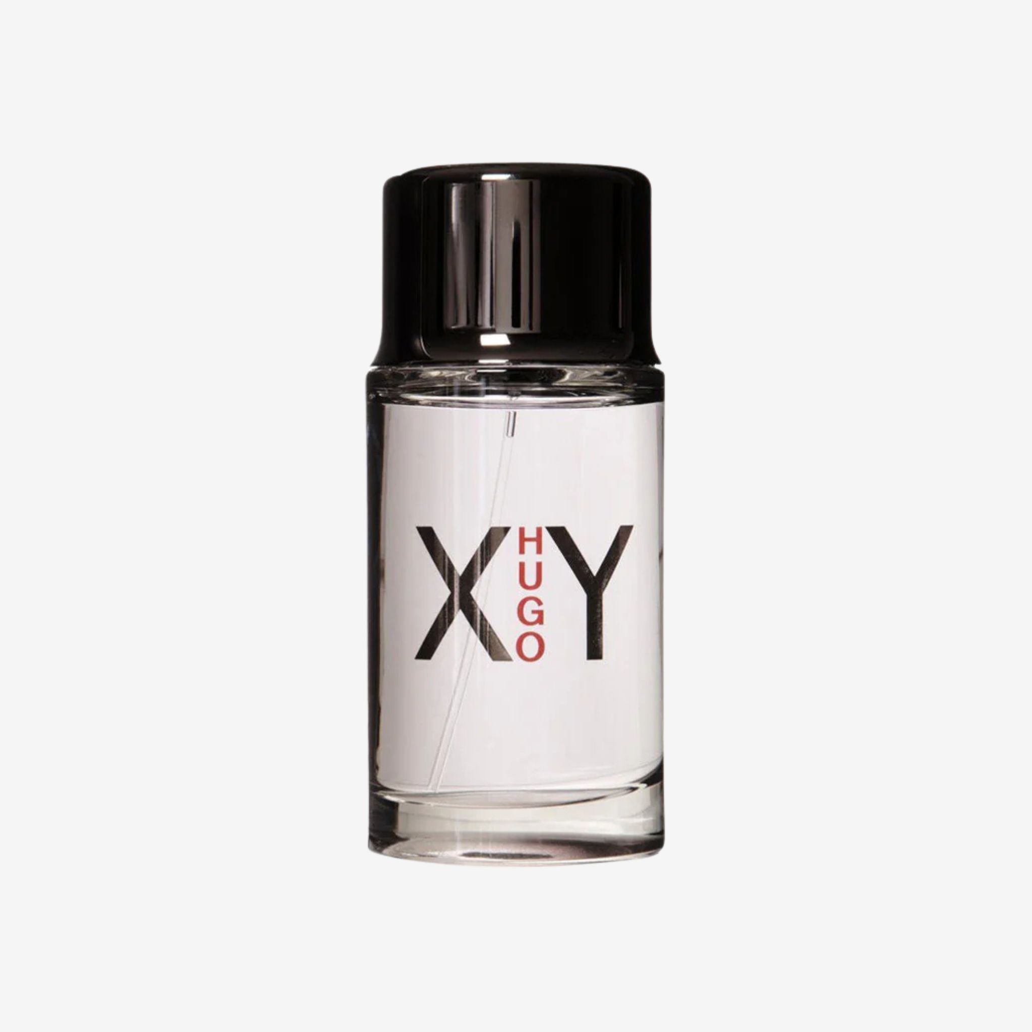 Close-up of Hugo X-Y Men EDT 100ml bottle showing sleek black and red design with Hugo branding.
