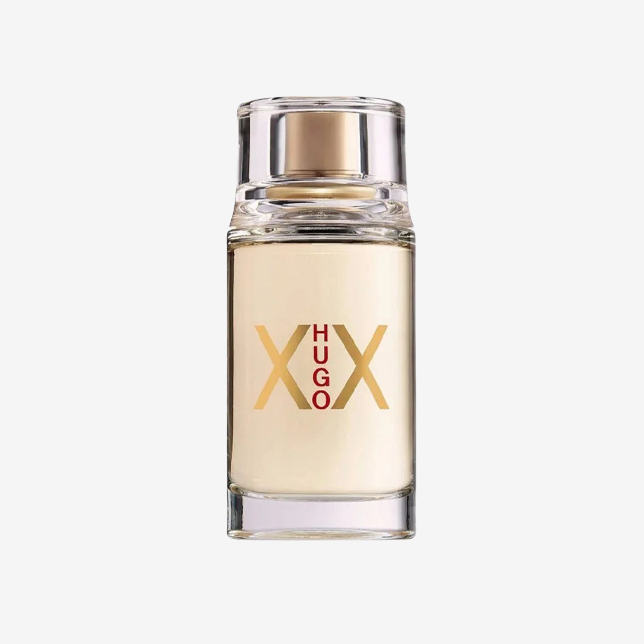 Close-up of Hugo XX Women EDT 100ml bottle showcasing its sleek gold design with Hugo Boss branding.