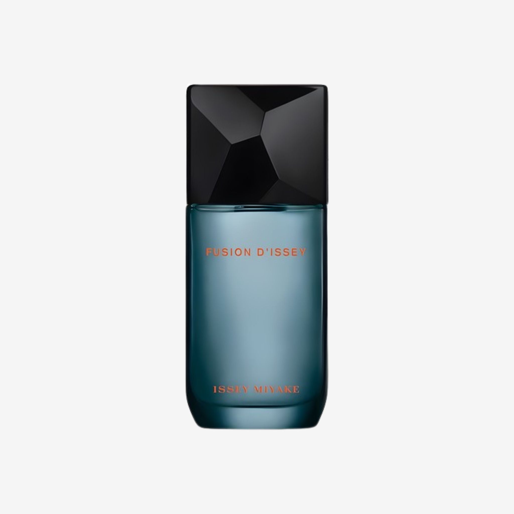 Issey Miyake Fusion EDT perfume bottle on a light grey background showcasing its sleek minimalist design and clear glass bottle.