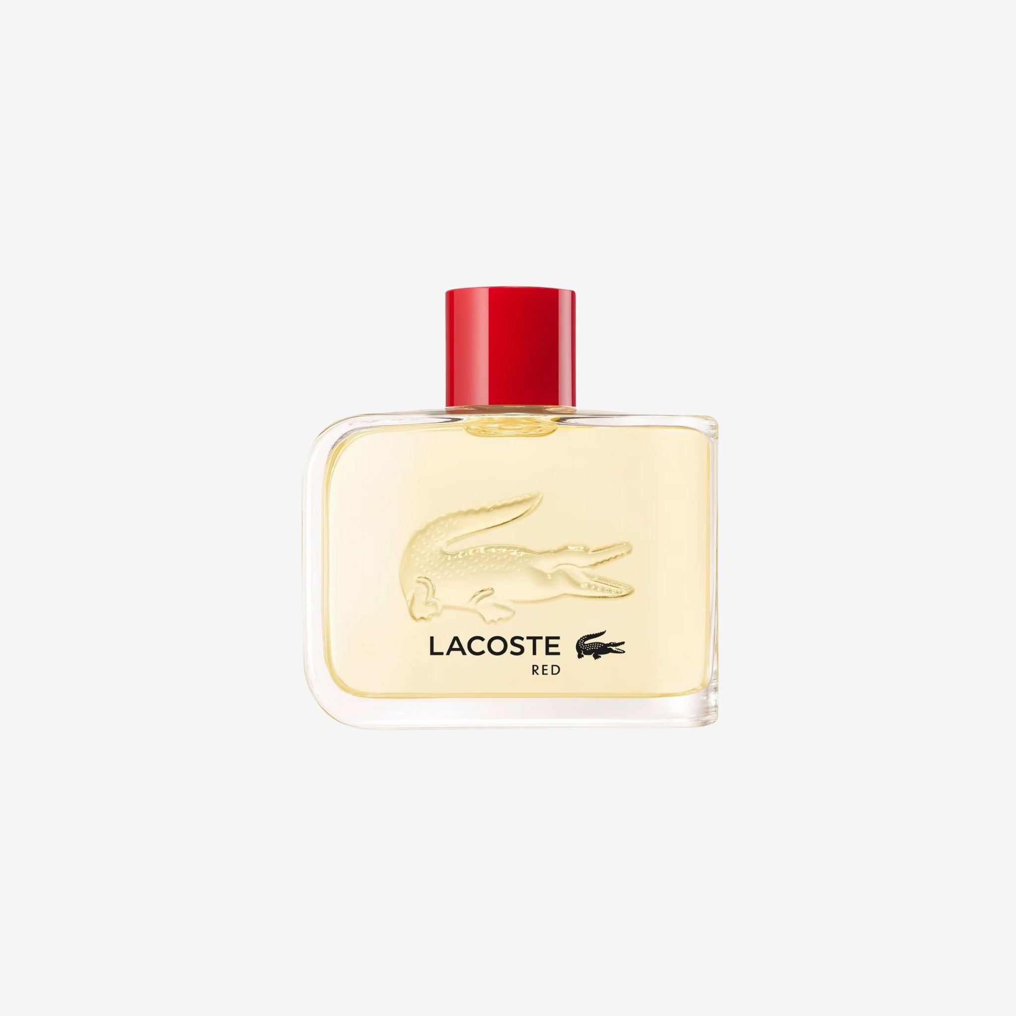 Lacoste Red EDT for men in textured red bottle—original perfume with green apple, pine, and patchouli, long lasting sporty fragrance