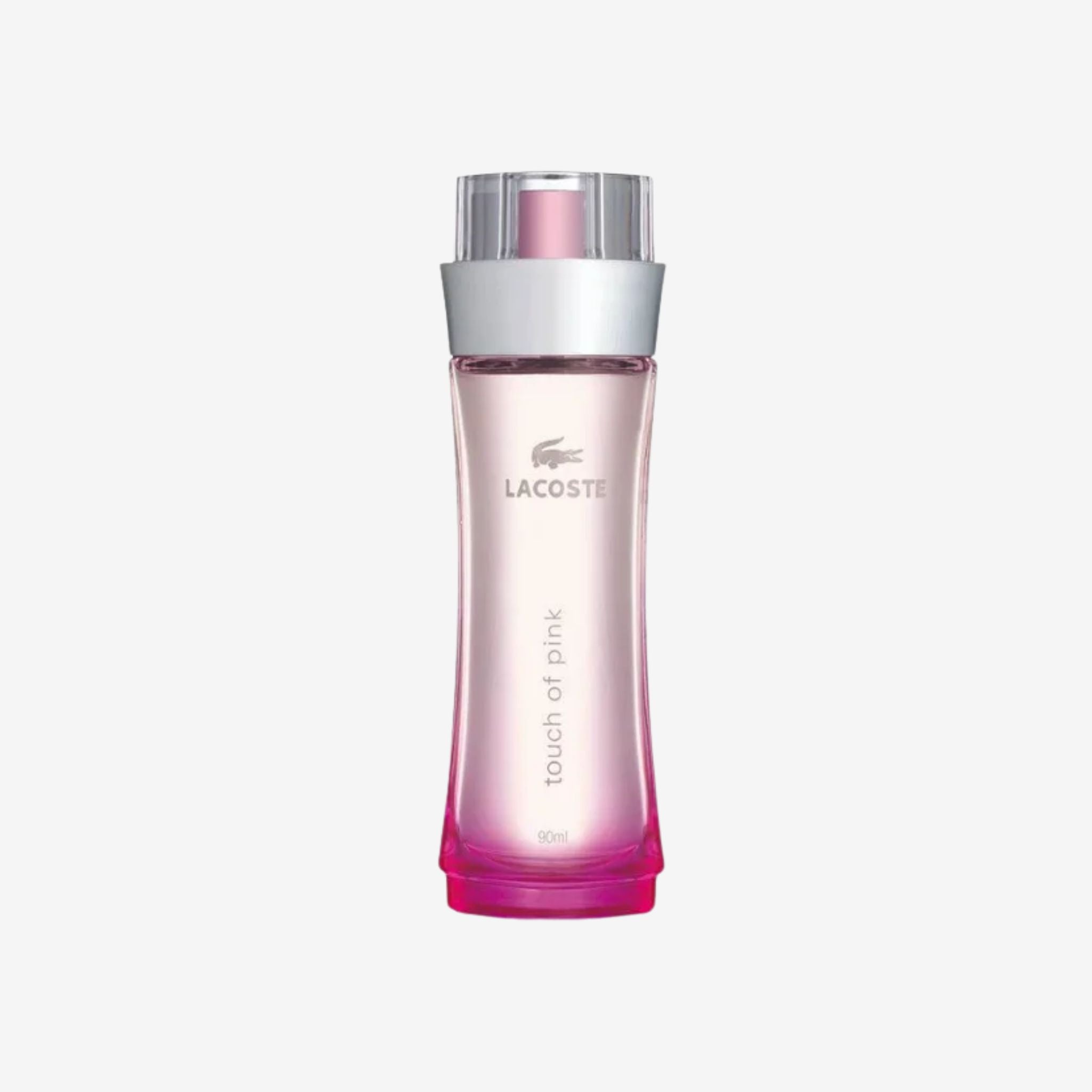 Lacoste Touch Of Pink Eau De Toilette for women in iconic pink gradient bottle—original perfume with blood orange and vanilla, long lasting fragrance