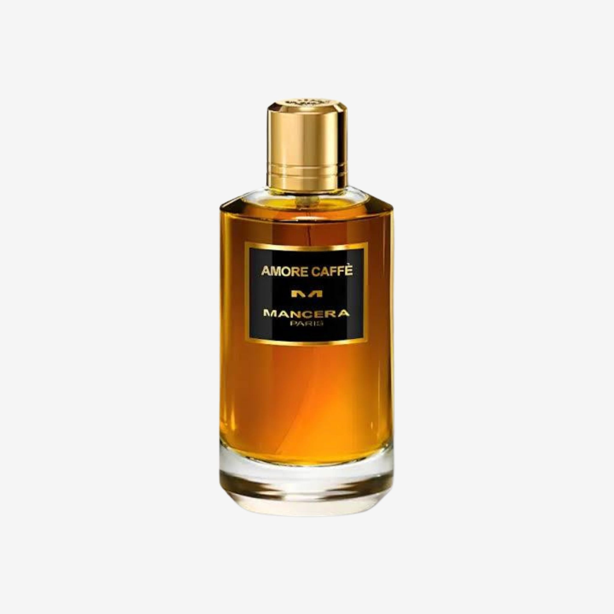 Mancera Amore Caffè 120ml perfume bottle on cream background – a luxurious glass bottle with a sleek, black cap and a gold label, containing a dark amber fragrance.
