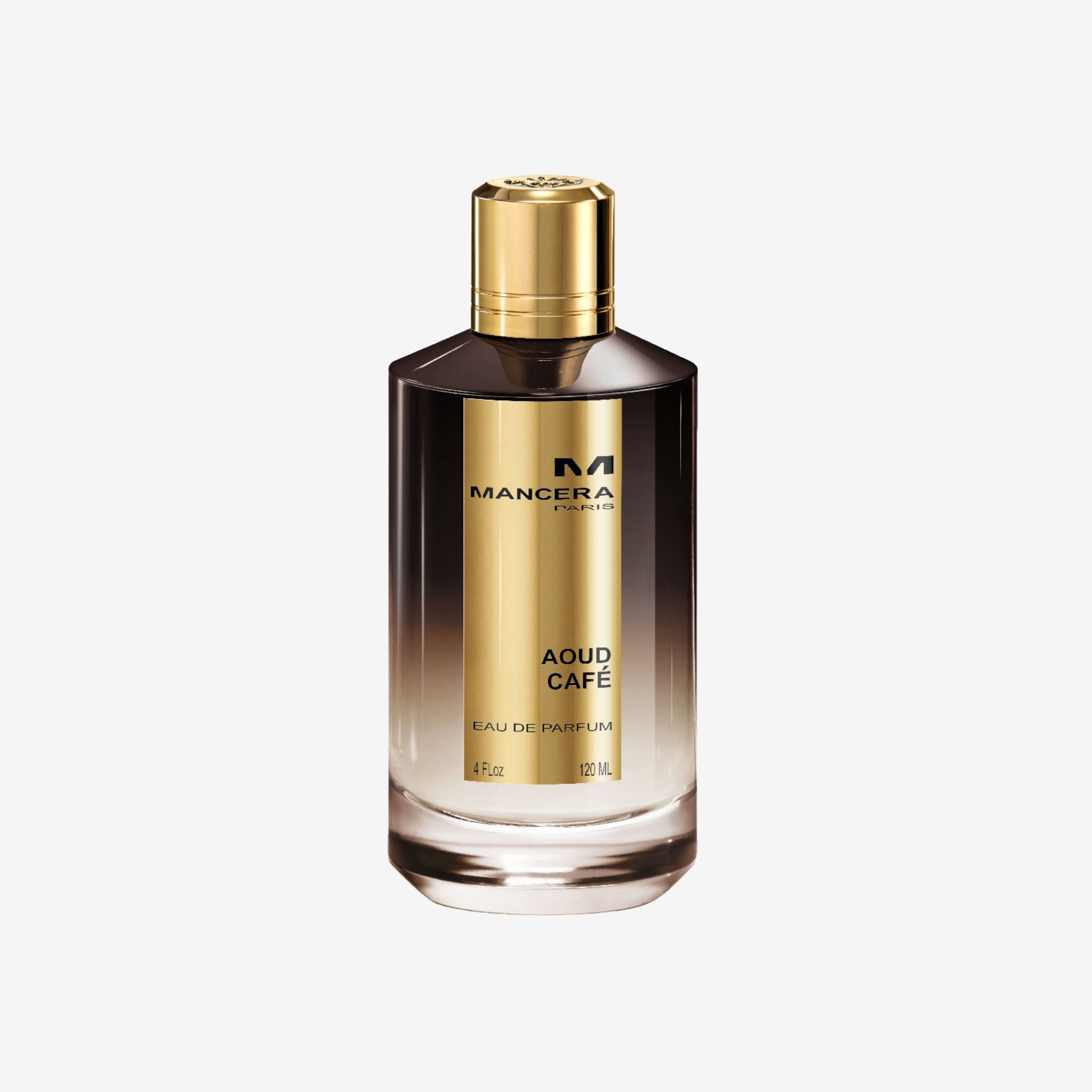 Mancera Aoud Caffe 120ml perfume bottle – elegant glass bottle with a sleek black cap, featuring a luxurious amber‑colored fragrance with hints of coffee and oud.