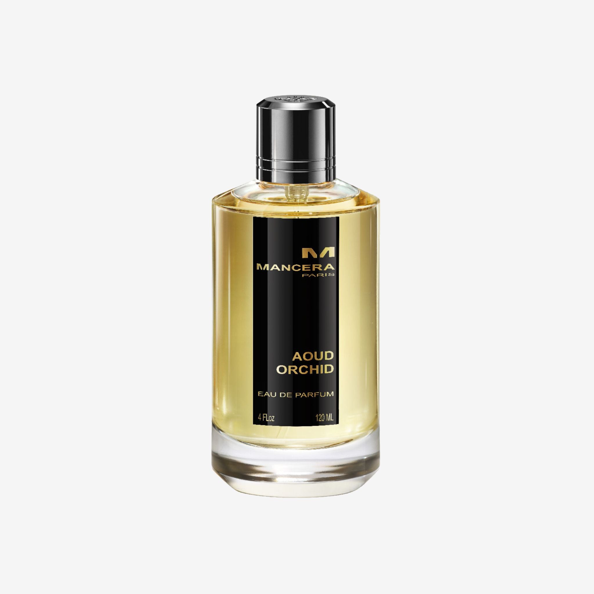 Close-up of Mancera Aoud Orchid 120ml bottle showcasing sleek glass design with golden accents and premium luxury branding.