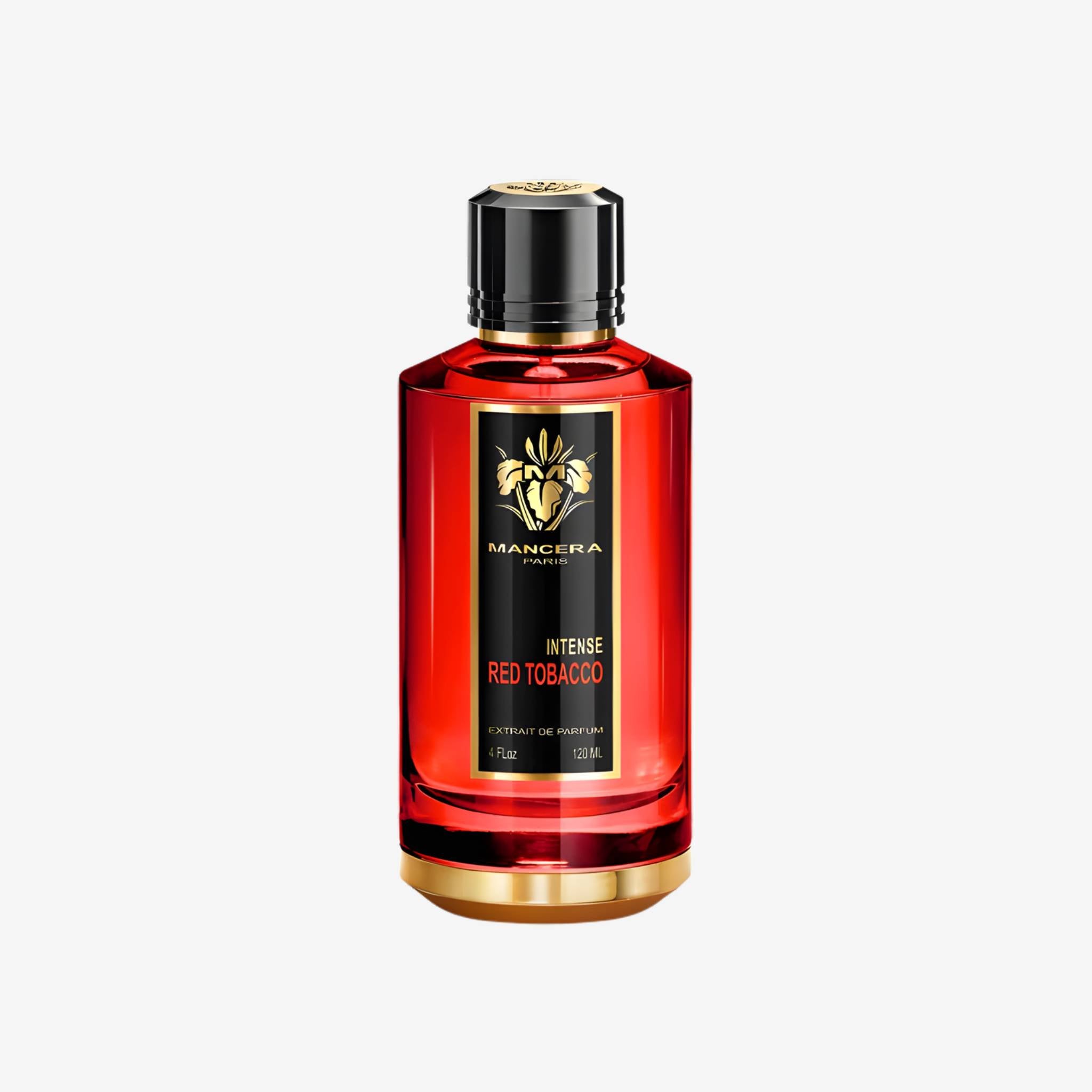 Close-up of Mancera Red Tobacco 120ml bottle showcasing elegant glass design with red and gold accents and luxury branding.