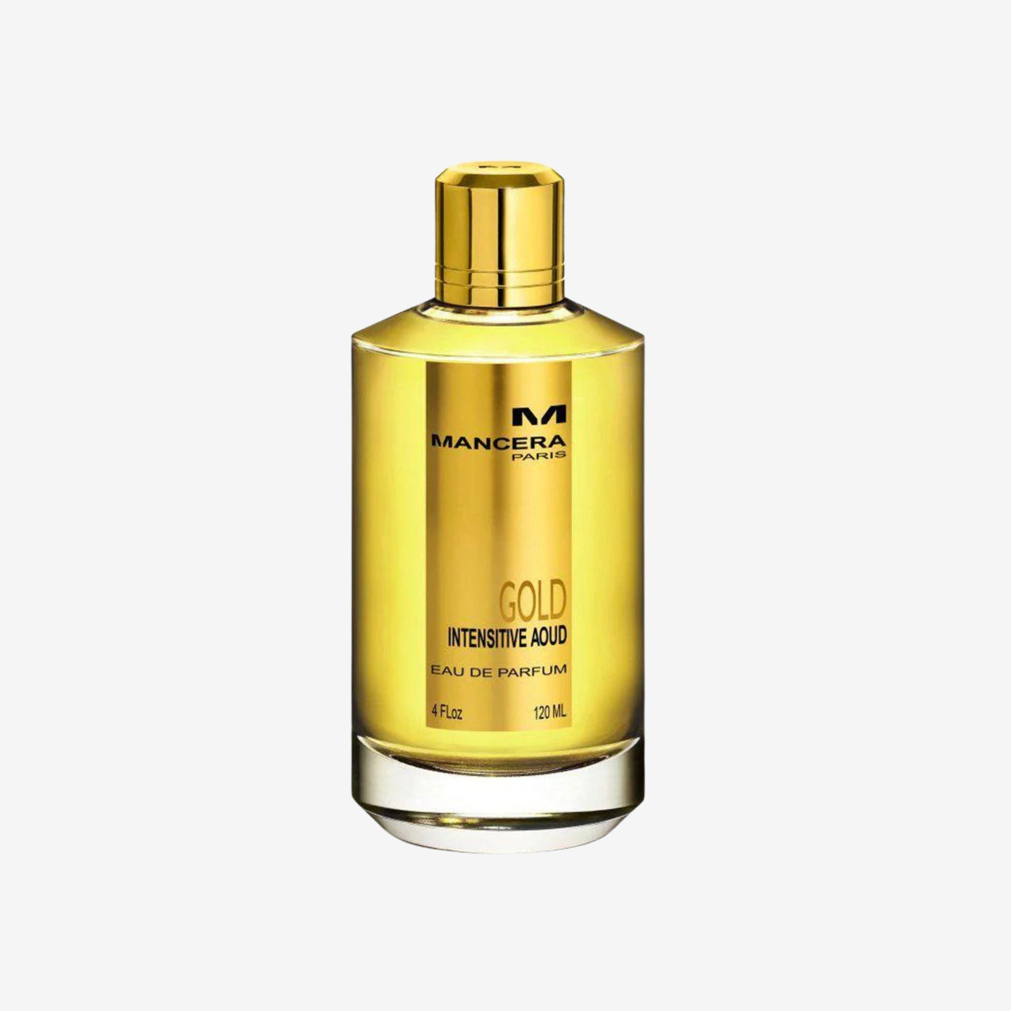 Mancera Gold Intensive Aoud EDP 120 ml bottle on cream background – clear glass flask with gold cap and rich amber‑liquid, luxury unisex perfume.