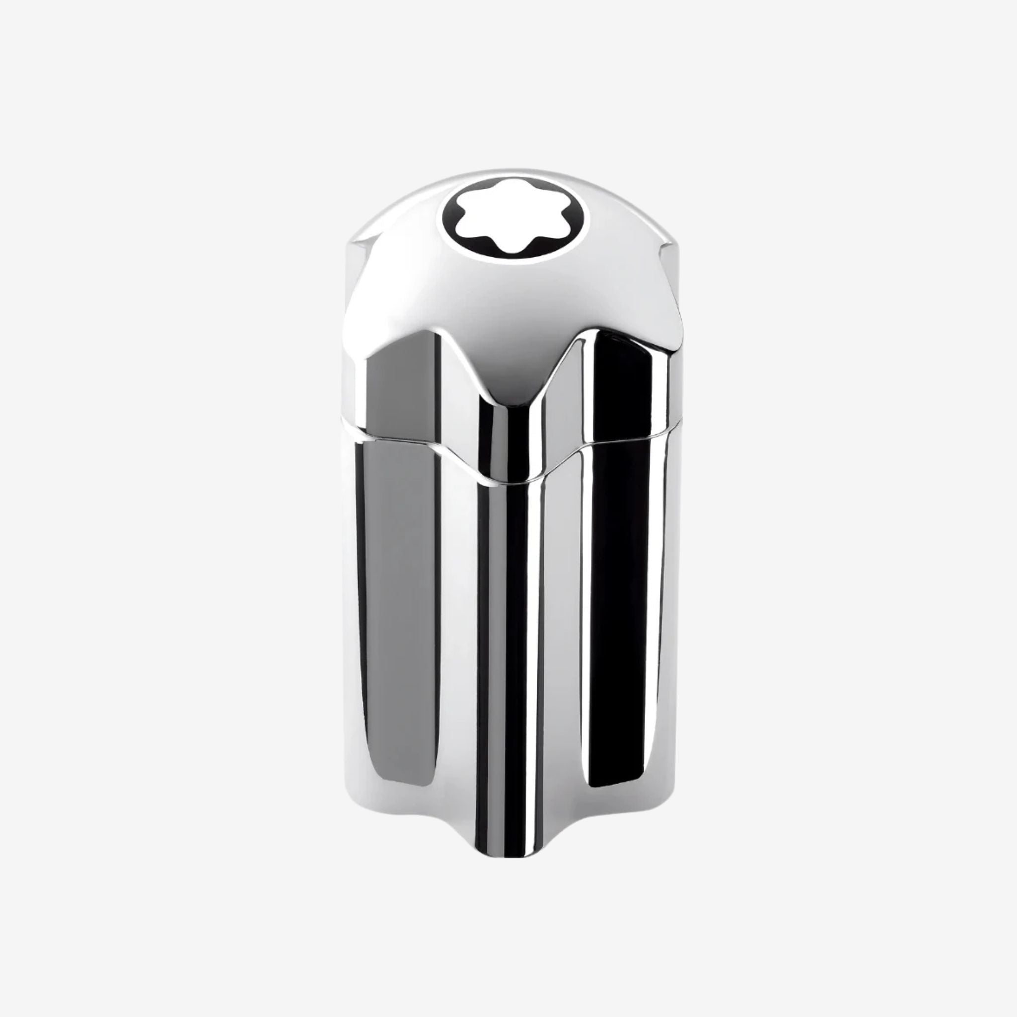 Close-up of Mont Blanc Emblem Intense Men EDT 100ml bottle highlighting its sleek glass design with silver accents and Mont Blanc branding.