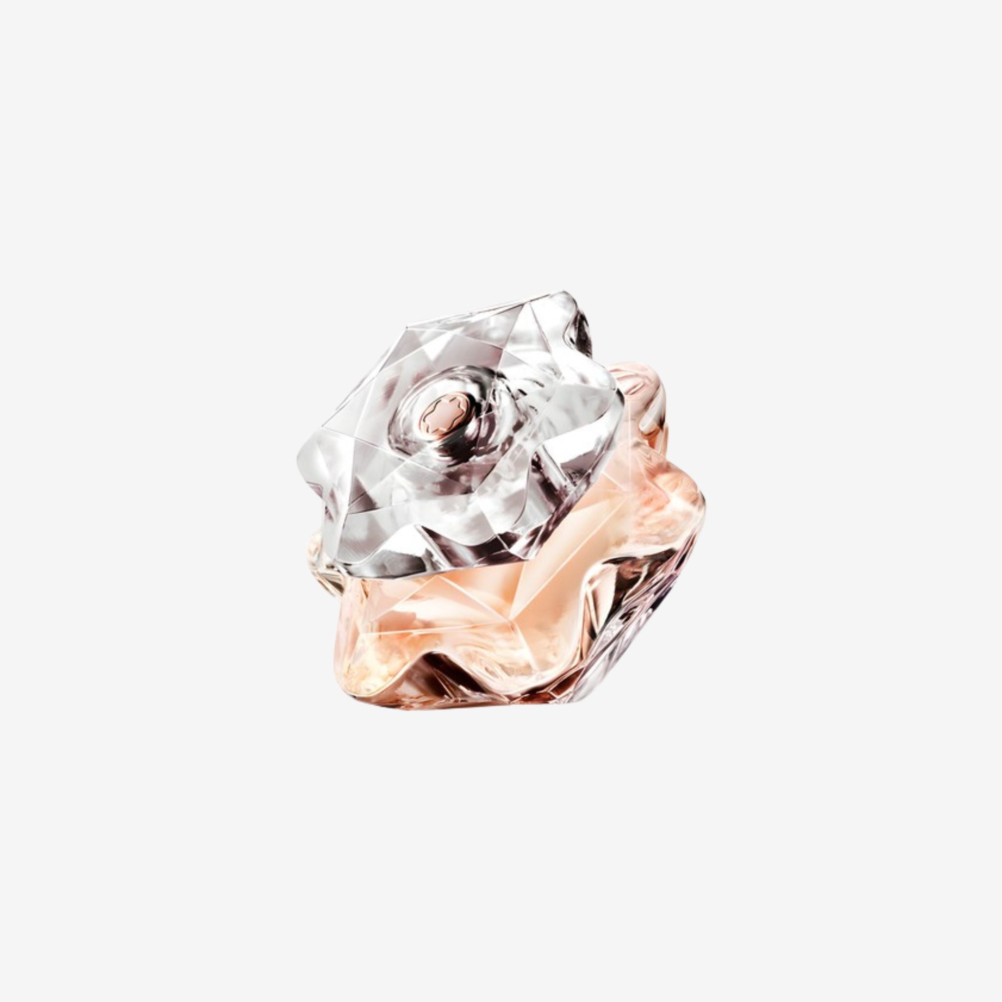 Close-up of Mont Blanc Emblem Lady Women EDP 75ml bottle featuring transparent glass with soft pink liquid and elegant Mont Blanc branding.