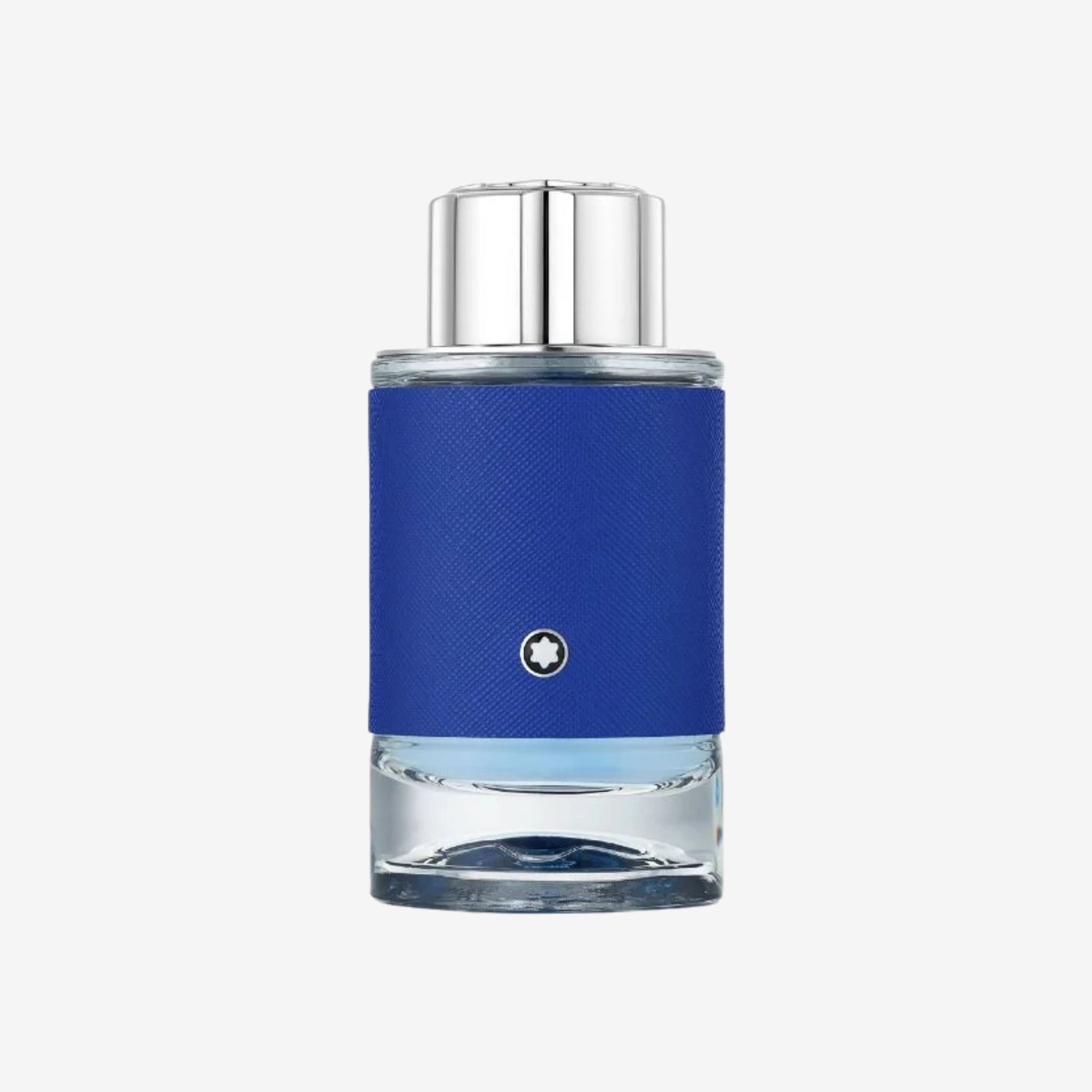 Mont Blanc Explorer Ultra Blue perfume bottle with silver cap on a white background